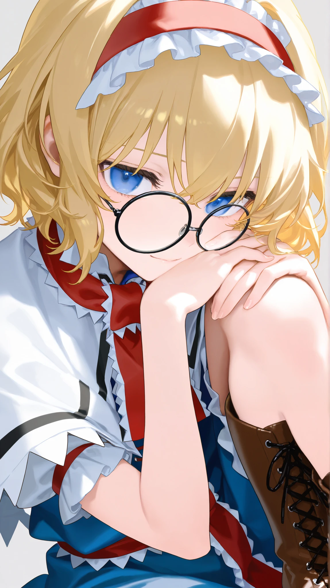 1girl ,AliceN
Alice Margatroid, medium hair, blonde hair, blue eyes, ,red hairband, ta hairband, frilled hairband,
white capelet, blue dress, frilled dress, frilled ascot, red ascot, puffy short sleeves, brown footwear, cross-laced footwear, boots,round glasses, 、simple background、side glance,Put your hands on your glasses 、Wear your elbow on the library desk
, cross-laced ,(Upper Body Closeup:1.4)、close your mouth、smiles、、Trigger words Read the introduction
