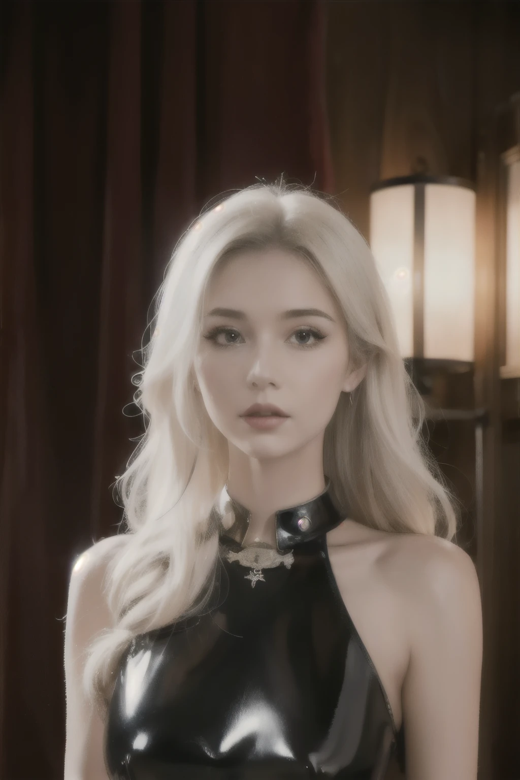 Portrait of a beautiful girl with wavy white hair, wearing a formal black dress with metal parts, red eyes, monograms in the background, digital painting, dark colors, 8k, complex details, vintage, retro futuristic style, sharp focus on the center, pastel colors, art station, (sci-fi, future, future theme), (facial expression looking with disdain), (detailed illustration)
