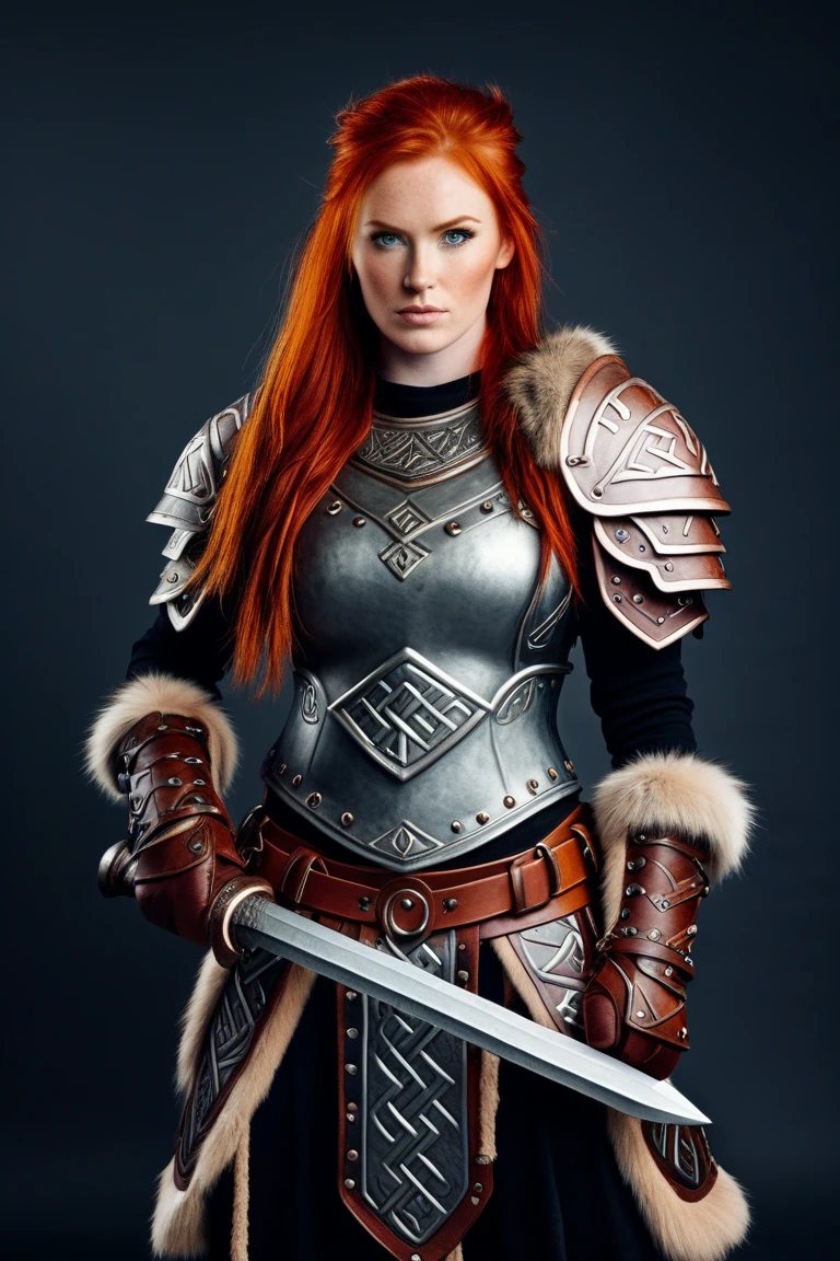 Intricately detailed, closeup, front shot, professional photograph, of (handsome Nordic female warrior), red_hair, (wearing heavy [medieval:fantasy:20] armor), standing, outside on a snowy mountain, (fluffy snow flakes falling from the sky), snow on armor, toned physique, perfect eyes, volumetric fog, shallow depth of field, cinematic lighting, lingering golden rays of sunset on a cloudy winter day, raytracing, subsurface scattering, photographed on a Canon EOS-1D X Mark III, (highly detailed:1.2), (hard focus), HDR, 8k resolution