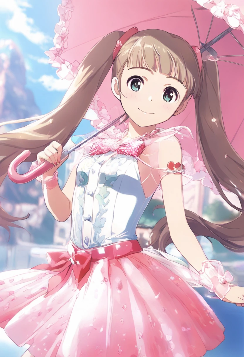 ( masterpiece、 最高quality、 最高quality、Official Art、 beautiful and beautiful :1.2)、(one girl:1.3) Hatsune Miku、twin tails, beautiful breasts,quality\(8k,非常に精細なCGユニットの wallpaper, masterpiece,high resolution,top-quality,top-quality real texture skin,surreal,increase resolution,RAW photo,最高quality,very well detailed, wallpaper\),break、 Mary Poppins、(the girl is holding an umbrella instead of a parachute、Alone、pretty girl、smile:0.2、Point to a large umbrella 、 holding an umbrella firmly 、brown hair、 spiny hair)、break、(Girl Falling from the Sky、 girl falling due to the buoyancy of the umbrella 、完璧に計算された spiny hairの毛、flip up skirt)、break、Wide sky、blue sky、orange roof spreading underneath、blurry background