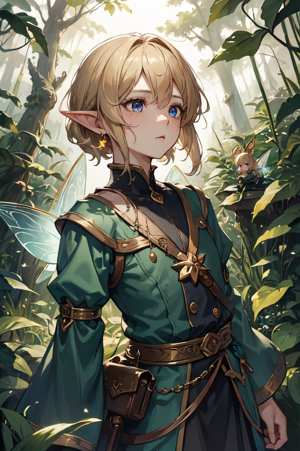 One young fairy fairy man, anime, 4K, masterpiece, chin-length blonde hair, pointed ears, fairy, fairy wings, tiny fairy, surrounded by giant plants, tiny, mini guy, bishounen, one character, dark , surrounded by leaves larger than character, giant leaves in foreground, character walking through giant leaves, light blonde hair, dark blue eyes, freckles, short hair, wearing navy blue, wearing golden accessories, beautiful, cute, male, boy, male fairy, male pixie, chin length hair, beautiful boy, skinny, slim, portrait, bust-up, surrounded by giant leaves, giant mushroom houses, forest floor, undergrowth, clambering through bushes, glowing orbs, floating lights, nighttime, midnight, dark