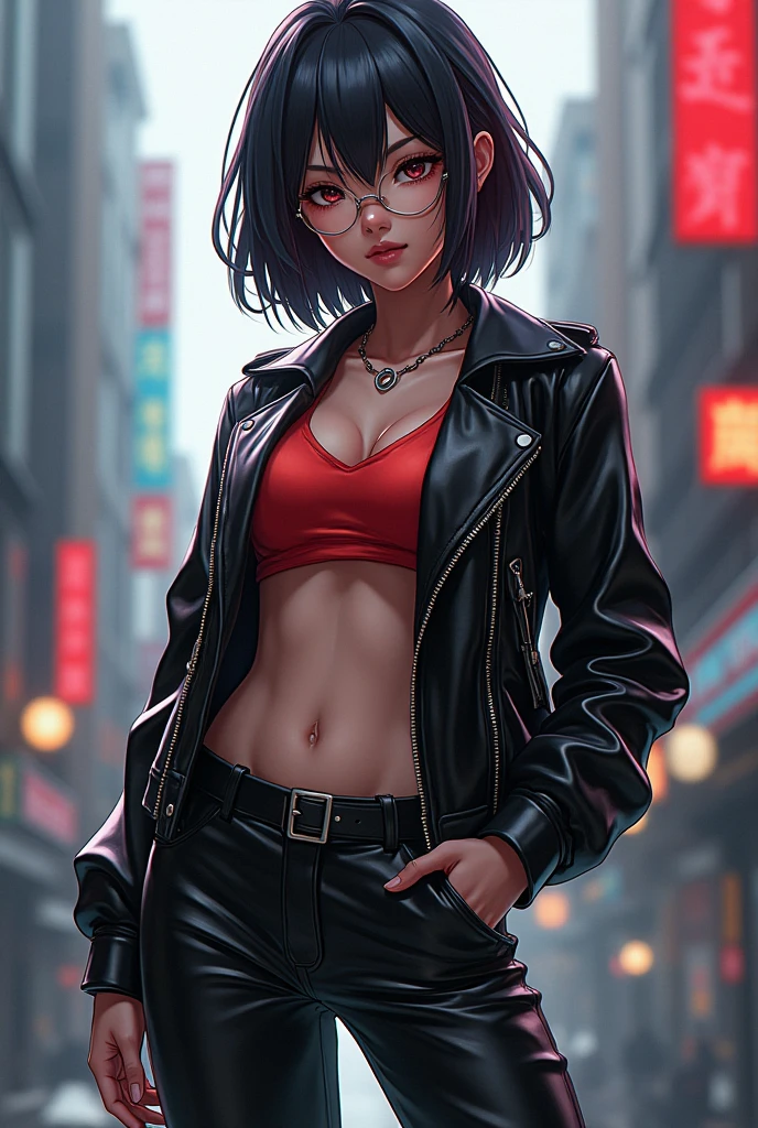 (masterpiece:1.4),(best quality:1.4),(absurdres:1.4),pin-up,    
CARTOON_DC_leslie_ownwaifu, www.ownwaifu.com, 
black hair, short hair, navel, black eyes, black lips, makeup, lipstick, breasts, round eyewear, bob cut, bangs, black-framed eyewear, 
glasses, jacket, midriff, black jacket, crop top, long sleeves, pants, coat, black coat, cleavage, 
<lora:CARTOON_DC_leslie_ownwaifu-15:0.5>   
(absurdres, highres, incredibly_absurdres:1.4),scenery,masterpiece,