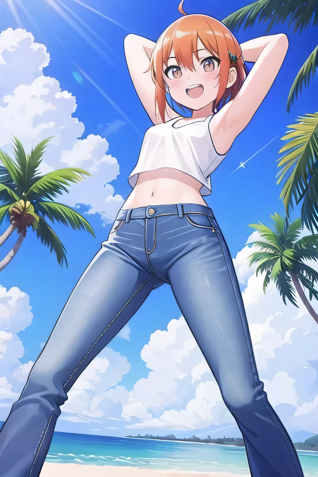 masterpiece, best quality, ultra detail, ((Perfect Face, perfect eyes, perfect hair, perfect arm)), 1girl, , peti ((round face, ecstasy, orgasm face, drooping eyes, shame smiling, blush)), dropping eyes, sleepy, Open mouth, ((White teeth)), background((under the beach, (day:1.2), palm tree, bright sky)), miku hatsune, ahoge, orange eyes, (orange hair:1.2), crossed bangs, hair between eyes, hair ornament, (short hair:1.4), (straight hair:1.7), ((arms behind head, hands behind head, fingers behind head)), ((contrapposto)), spread armpits, looking at viewer,, (white tank top:1.2), (white crop top:1.2), (jeans pants:1.2, flares jeans:1.2, skinny jeans:1.2, blue jeans:1.2), standing, (legs spread:1.4), sex pose, Sweaty crotch, Steam from the crotch, from below, whole body