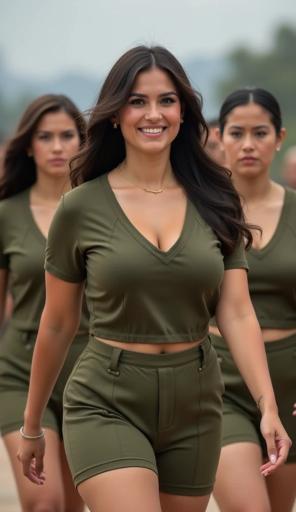RAW portrait photo of DeniseMilani wearing combat uniform, (high detailed skin:1.2), 8k uhd, dslr, soft lighting, high quality, film grain, Fujifilm XT3