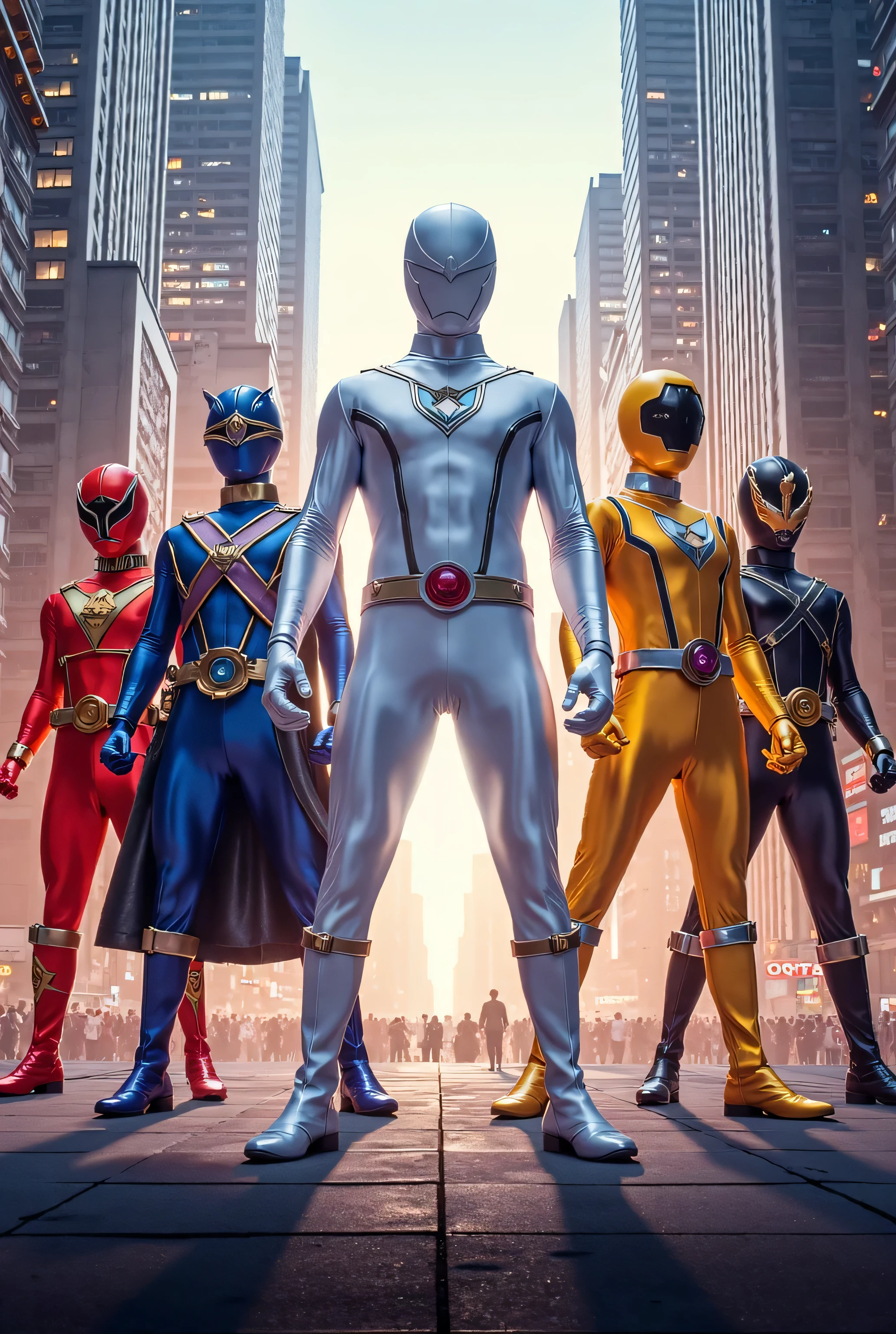 Make a league with five heroes, five different colors, I'm the one in the middle, White ability to have any power, o 2 with blue and red costume, with fire and ice ability, o 3 yellow, with light ability, that can become invisible or remove objects with light as a shield Addicted, the 4 black with ghostly abilities, type through walls and own, 5 purple, teleportation ability. Put them all in the name of in a city.
