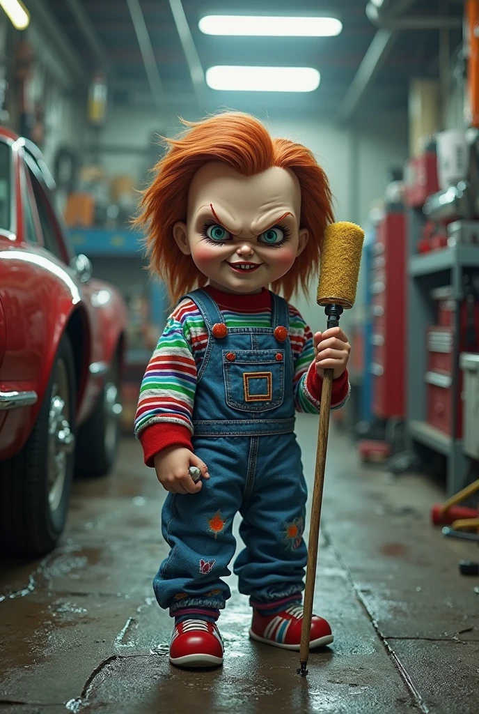 Create image of chucky washing baby clothes by hand 