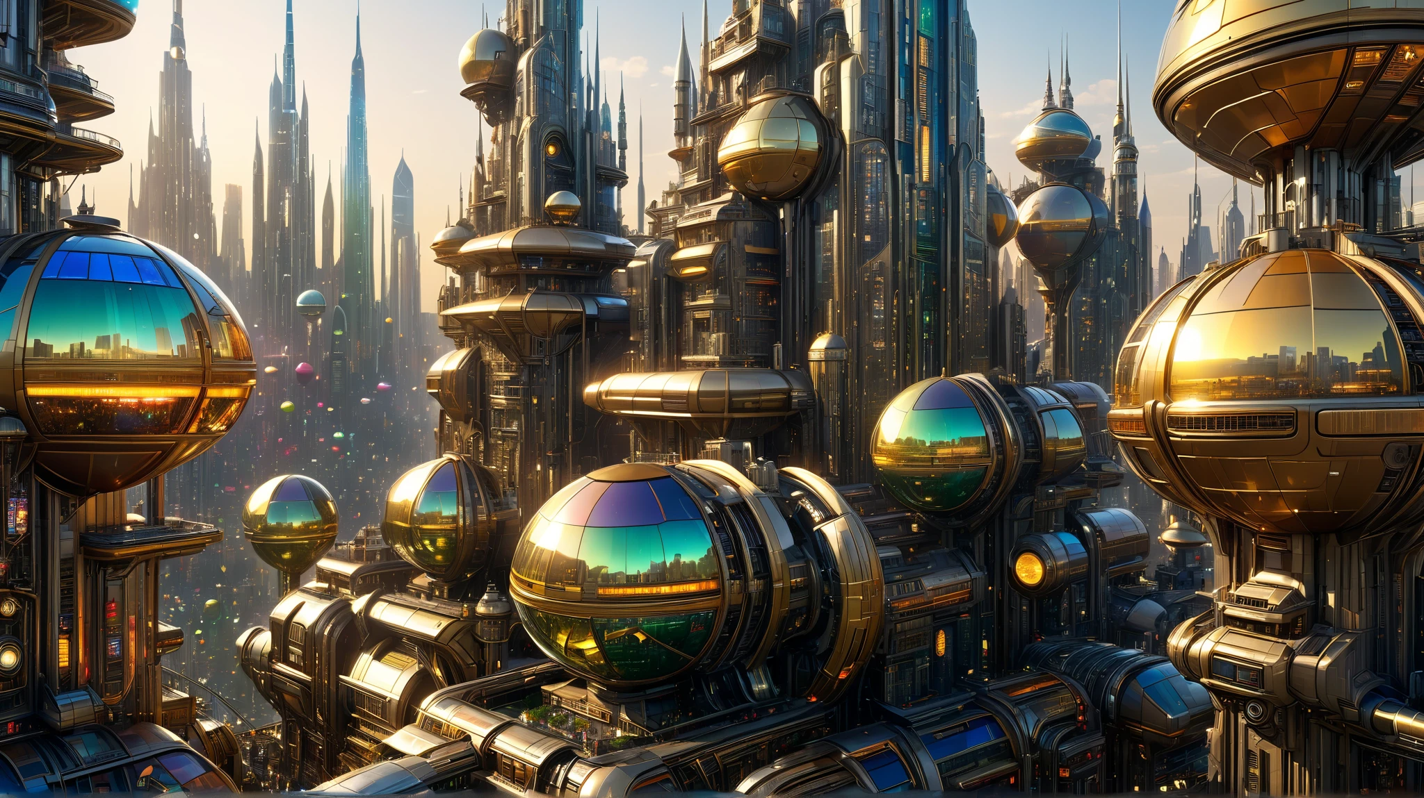 (golden hour lighting), megacity, megalopolis of an imaginary world of science fiction , resembling a futuristic Disneyland, and maximum fantasy, with immense buildings and oval and dodecahedral skyscrapers grouped together made of metal and glass where gold and colorful illuminated advertisements predominate. well-defined 8k image, (intricate details of the machine), with many buildings together.(masterpiece of superior quality).( photorealistic image lens), absolute sharpness to the bottom