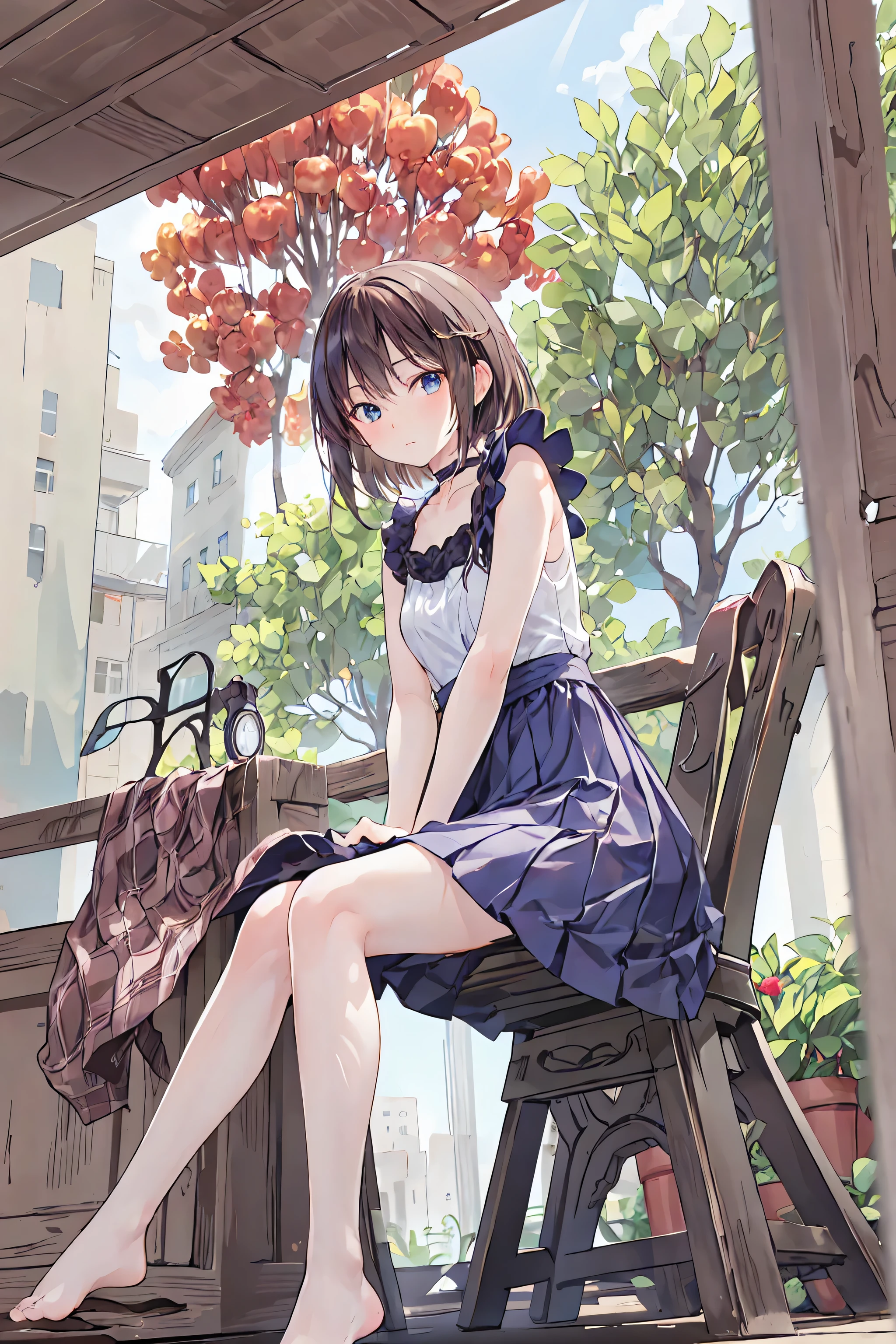 (( Caution when browsing barefoot:1.2)),(masterpiece:1.2, top quality ), ( realistic , photo realistic :1.4),((throw:1.2)), beautiful illustration, ( natural side lighting , movie light), watches the audience, focus on your face , 1 female ,( alone in), perfect face, perfect body, 対称的なbeautiful face, Growing Skin , baby face, Her enchanting gray-blue eyes shine like stars, seductive thighs :1.2,thin,(( in)), beautiful hair, beautiful face, thin and beautiful eyes, beautiful collarbone, beautiful body , (( sharp in beautiful )),Beautiful thick thighs, beautiful legs, look under her beautiful fingers , (( Men around , Orange Pleated Skirt , red apron)),( blush and look at the viewer ), in, sitting on a chair, low angle , burgundy hair 、 choker ,brown hair, shortcuts, messy hair, slender beauty ,hole々 Positive Attitudes ,Small box, beautiful legs,