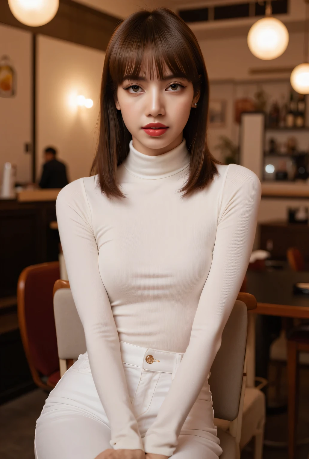 A beautiful woman, sit down, cafe, front facing, use a white short sleeve turtle neck t-shirt, white long formal pants, big boobs, red lips,