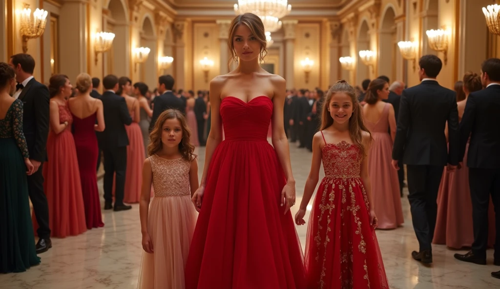 An 8 year old girl with long brown hair being beaten by a blonde lady with long hair and a beautiful dress in a beautiful house. The woman wants to hit her. The lady is angry. This is the same image but the woman is wearing a dress. The older woman wants to hit the girl. It is an image with violence.