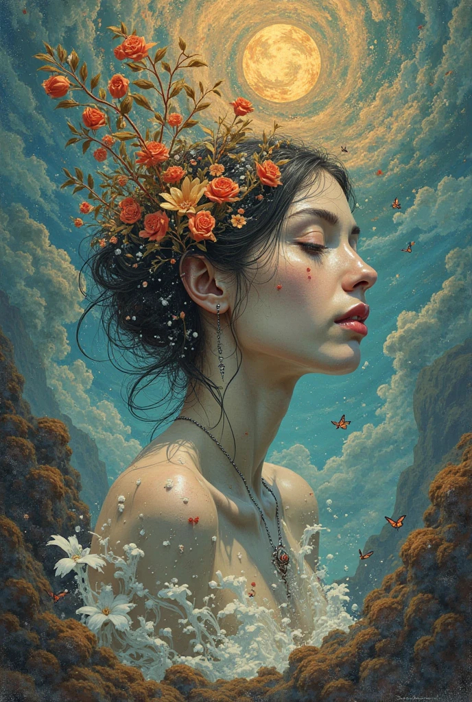 mysterious woman, torn t-shirt, photorealism, amazing depth, beautiful art, maximalism, fantasy concept art, impressionist oil painting by Claude Monet, Carne Griffiths, Geoffroy Thoorens, James Christensen, Russ Mills, intricate, cinematic lighting, highly detailed, smooth, sharp focus, perfect balanced style, amazing depth, complementary colors, whimsical clouds, hyperdetailed, dark light, stunning masterwork by head of prompt engineering <lora:hyperkraximalism:0.25>