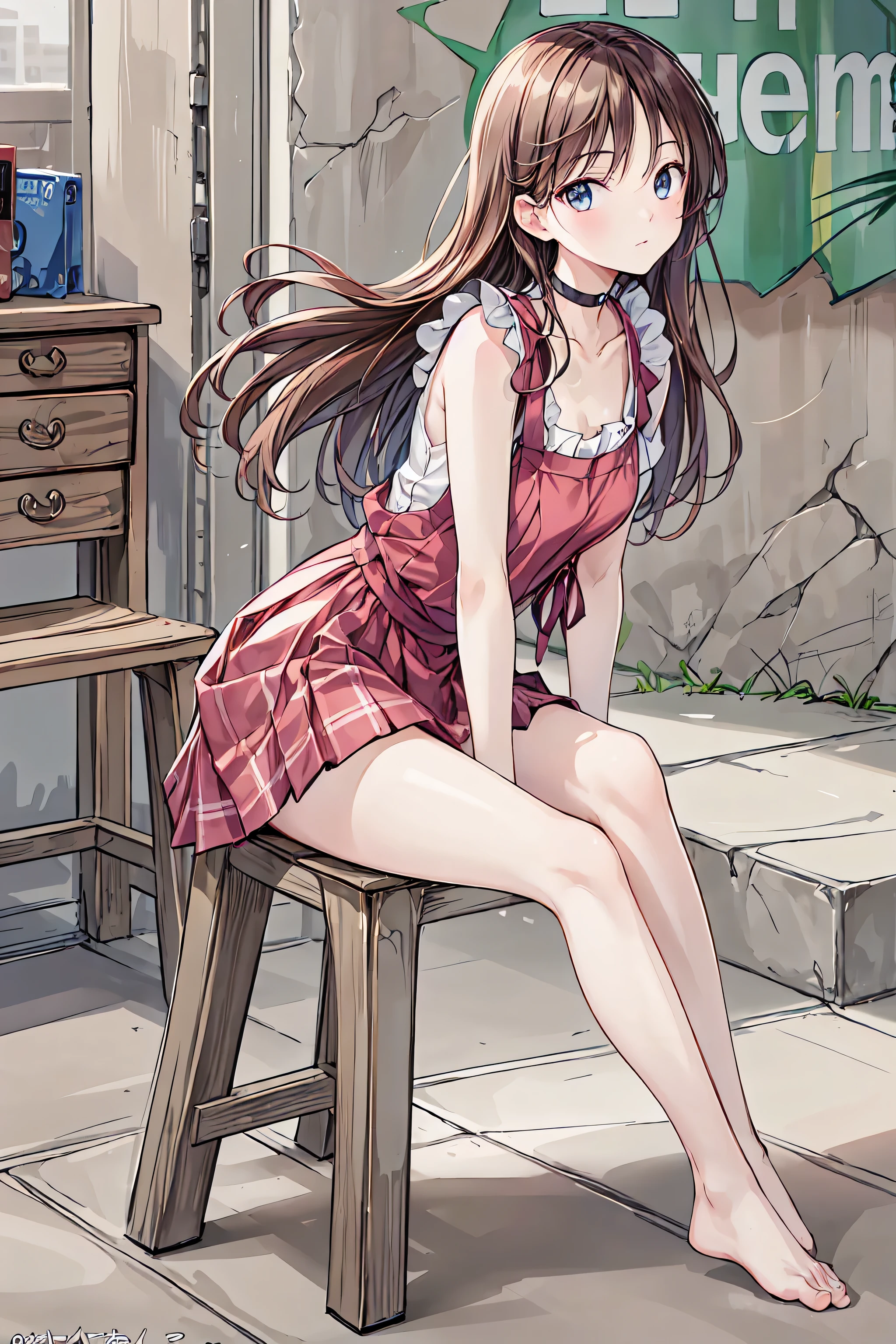 (( Caution when browsing barefoot:1.2)),(masterpiece:1.2, top quality ), ( realistic , photo realistic :1.4),((throw:1.2)), beautiful illustration, ( natural side lighting , movie light), watches the audience, focus on your face , 1 female ,( alone in), perfect face, perfect body, 対称的なbeautiful face, Growing Skin , , Her enchanting gray-blue eyes shine like stars, seductive thighs :1.2,thin,(( in)), beautiful hair, beautiful face, thin and beautiful eyes, beautiful collarbone, beautiful body , (( sharp in beautiful )),Beautiful thick thighs, beautiful legs, look under her beautiful fingers , (( Men around , Orange Pleated Skirt , red apron)),( blush and look at the viewer ), in, sitting on a chair, low angle , burgundy hair 、 choker ,brown hair, shortcuts, messy hair, slender beauty ,hole々 Positive Attitudes ,Small box, beautiful legs,