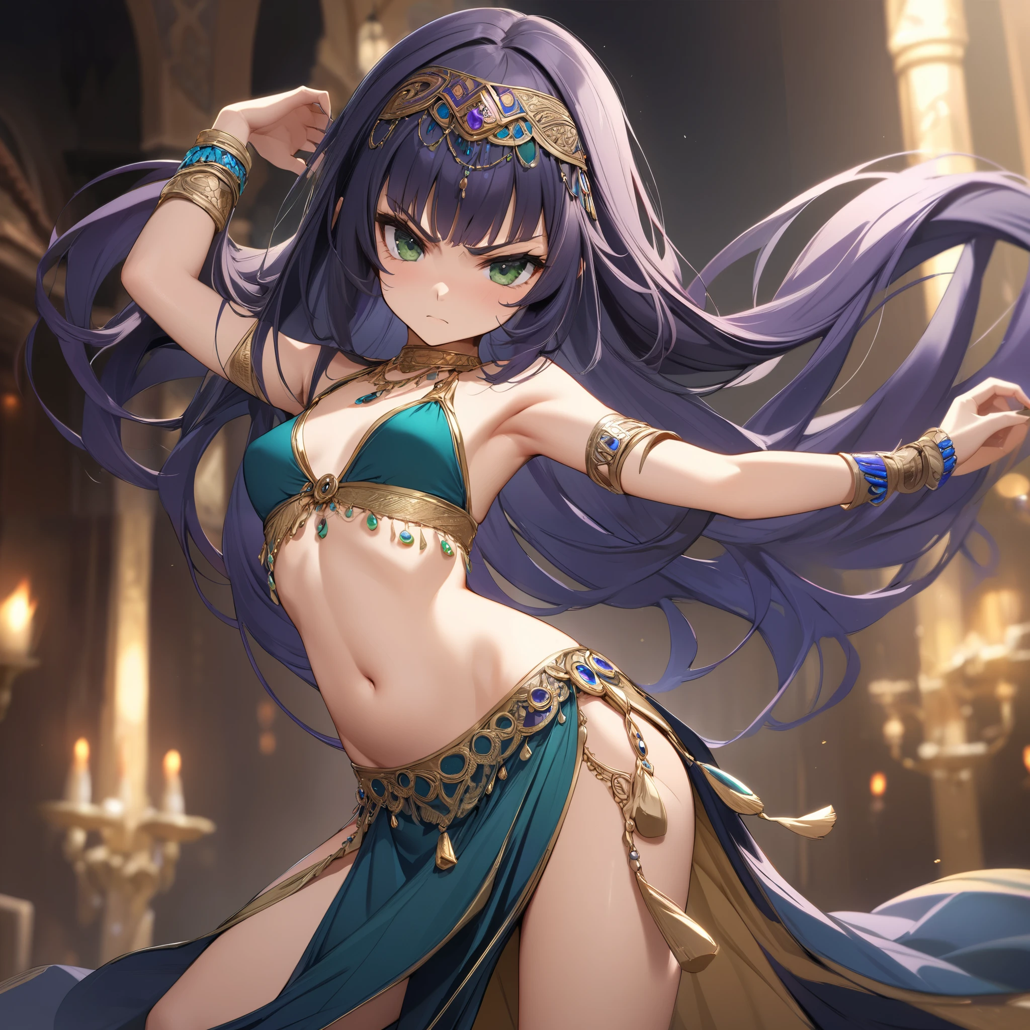 high quality, ultra detailed, best quality, insanely detailed, beautiful, masterpiece, 1girl, stage, spot light, red eyes, long hair, light purple hair, belly dancer, bare legs, bashful smile, dancing, large breasts, cleavage, soft stomach