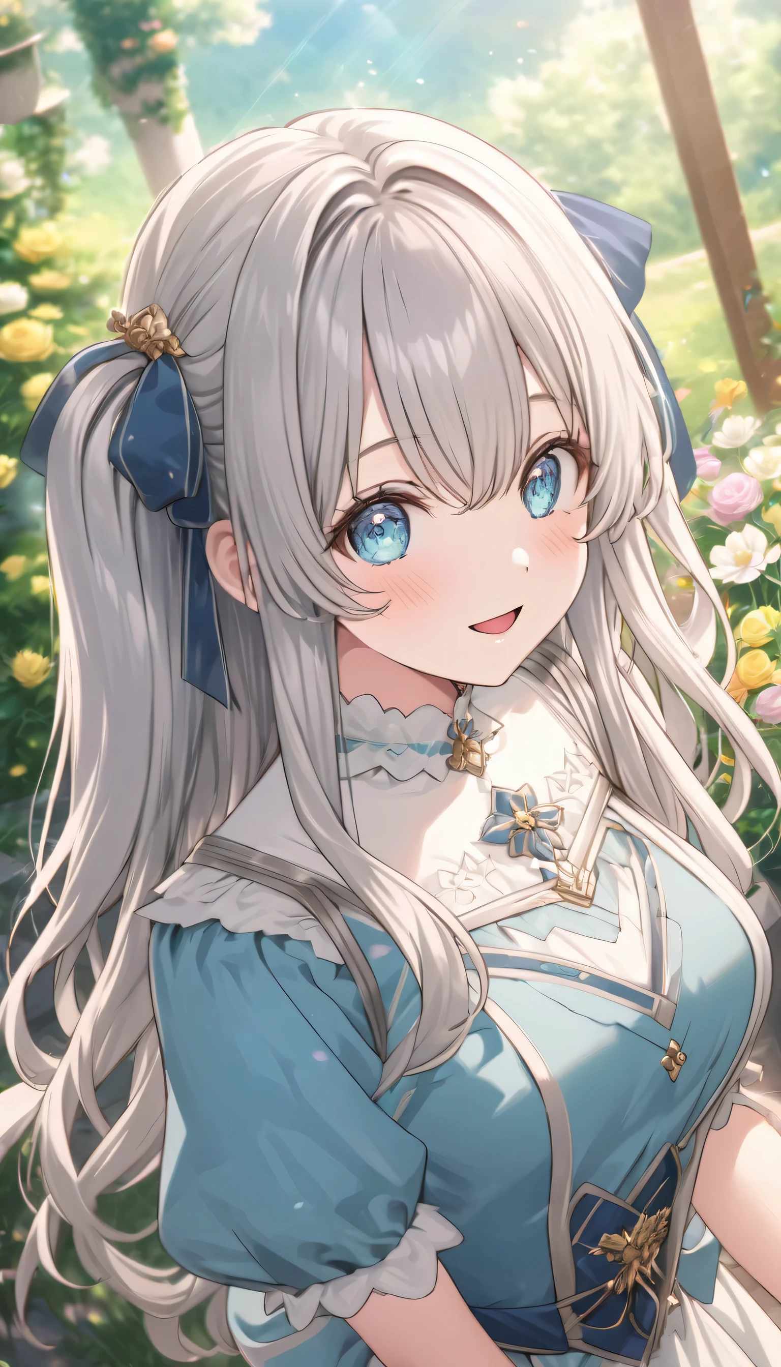((ultra-detailed)), (highly detailed CG illustration), (best quality:1.2), ultra-highly detailed, colorful composition, artistic photoshoot, 1girl, solo focus, ((upper body:1.4)), moe anime character, girl, dainty facial structure, (bab(round face), ((rounded chin:1.2)), ((ideal ratio body proportions)), celia-default, celia claire, (blue eyes), sparkle eyes, silver hair color, two side up, ((hair ribbon with blue)), ((blue semi formal dress with gold decorations)), (happy), (joyful), (open mouth), ample breasts, best quality, masterpiece, best quality, masterpiece, standing by the victorian garden with flowers, beautiful detailed sky, sunshine pouring down, from front, expecting, pink cheek, blush, light pink gloss slip, portrait, depth of field, soft lighting, sidelighting, (shine), lighting, caustics, ray tracing, smile, perfect face, lustrous skin, highly detailed face, highly detailed eyes, perfect face, perfect nose, perfect hair, perfect eyes, perfect anatomy, beautiful hair, beautiful small face, extremely detailed face, beautiful detailed eyes, beautiful clavicle, beautiful body, beautiful huge breasts, leavage, breasts squeezed together, equalize the size of the left and right breasts, asts, beautiful thin thighs, beautiful legs, beautiful fingers, 4 fingers, 1 thumb, lovely, (very detailed background:1.0), (highly detailed background:1.0), spring aesthetic, intricate details, relaxed atmosphere, spring colors palette, chromatic aberration