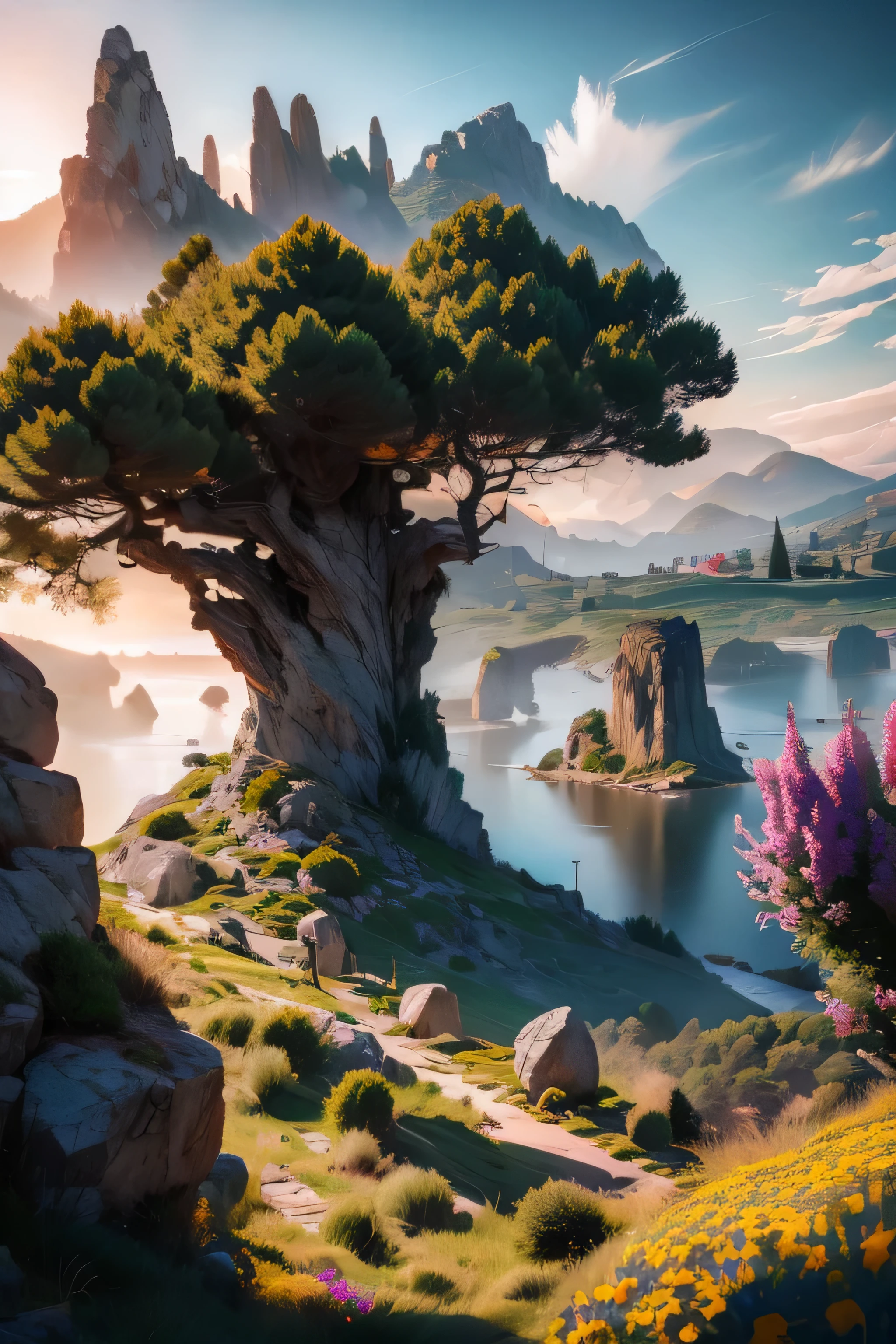 masterpiece, fantasy environment, bottomless abyss, colorful flowers and giant trees. Beautiful sky and rocks in the distance. Adventure landscape . Top quality , Detailed.
