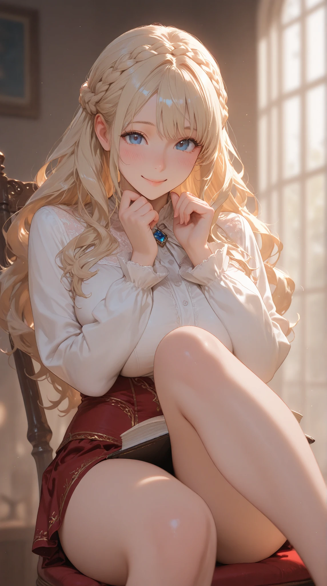 a beautiful girl in a library, detailed eyes, beautiful detailed lips, extremely detailed eyes and face, long eyelashes, white top, short skirt, sitting on desk pose, smiling, (best quality, 8k, ultra-detailed, realistic, highly detailed, photorealistic, masterpiece:1.2), (professional, vivid colors, studio lighting, physically-based rendering, extreme detail description:1.37), stunning background, intricate details, elegant, serene, calming atmosphere, warm color palette