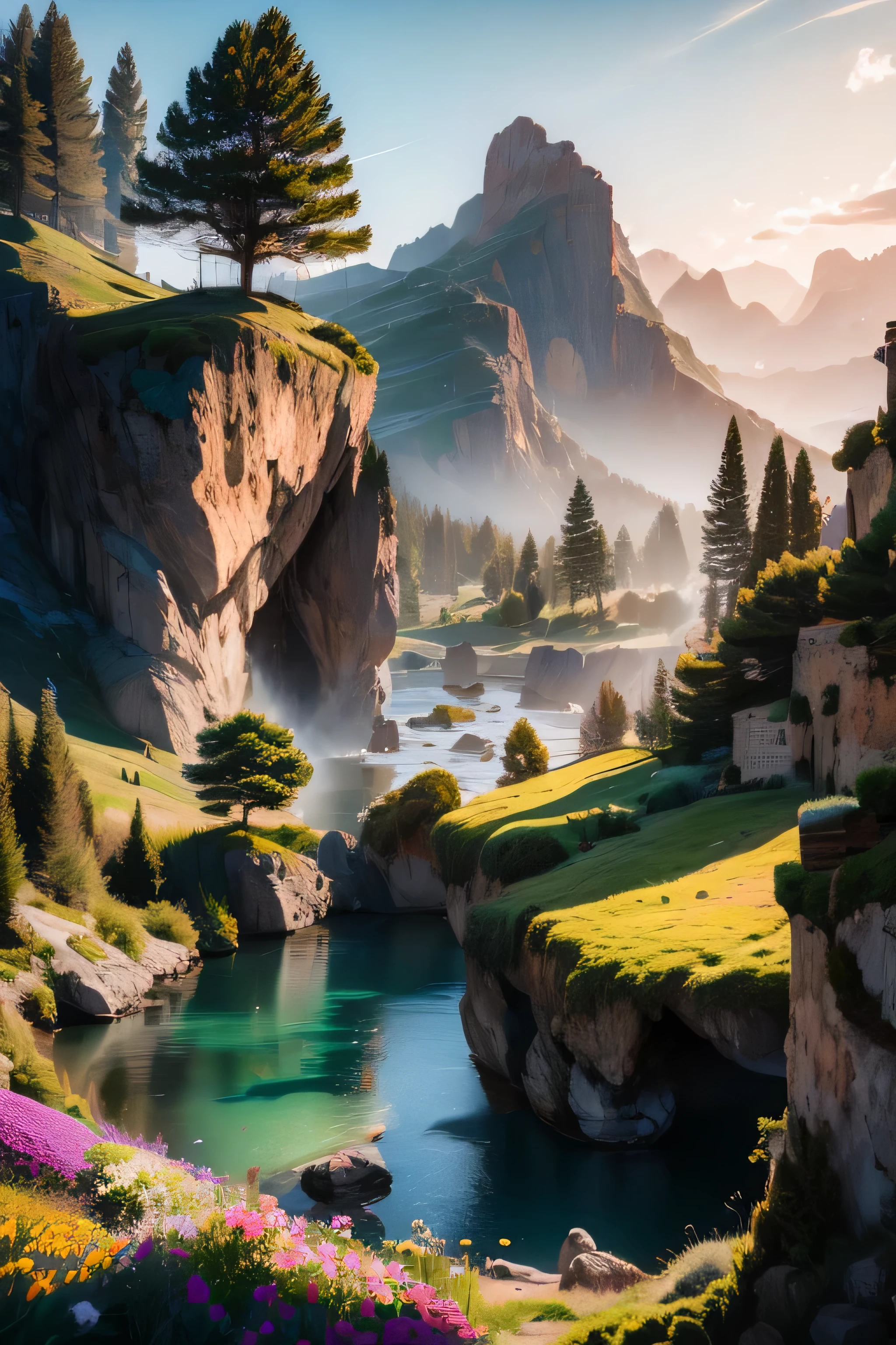 masterpiece, fantasy environment, bottomless abyss, colorful flowers and giant trees. Beautiful sky and rocks in the distance. Adventure landscape . Top quality , Detailed.