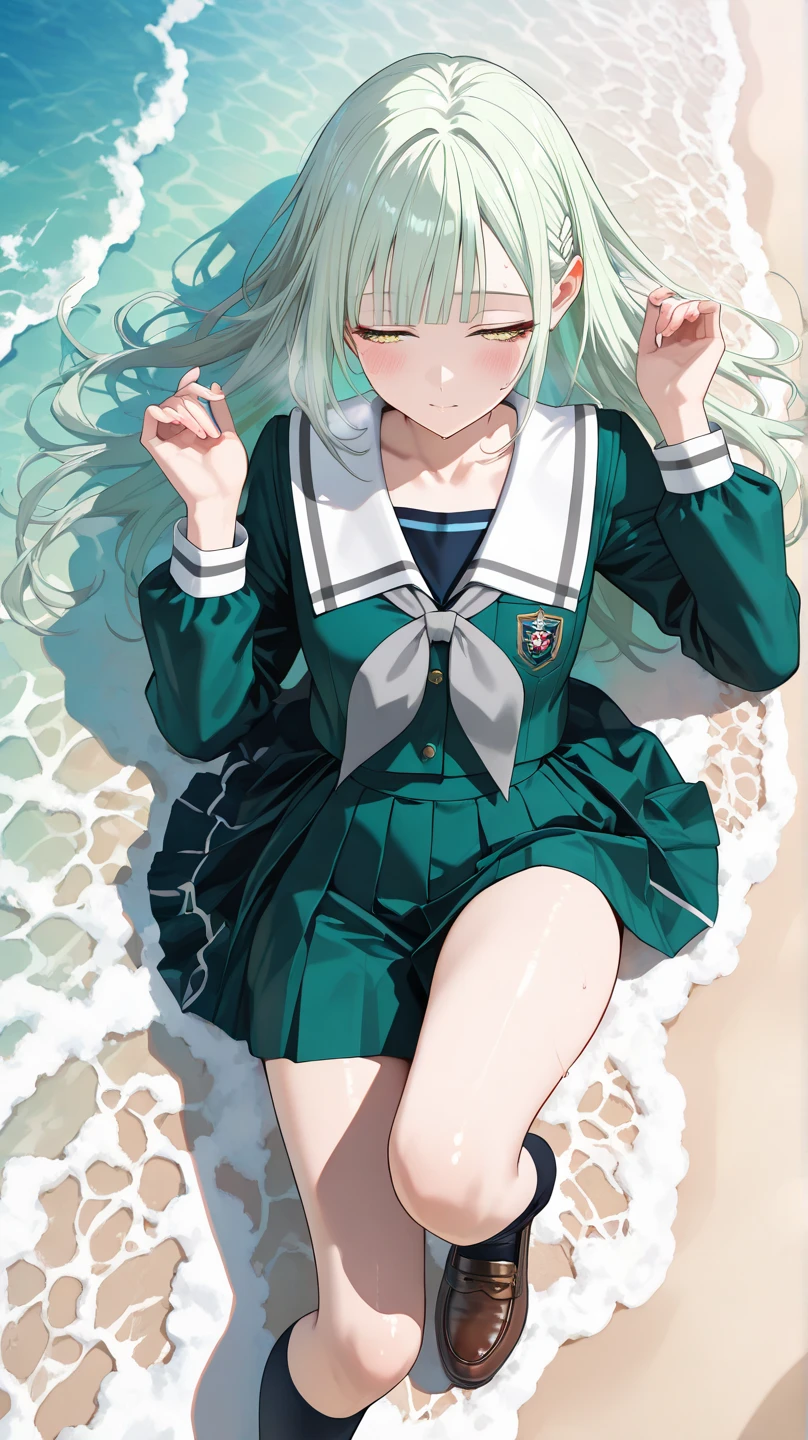 score_9,score_8_up,score_7_up,score_6_up,-----BREAK,----(perfect nsfw),(subjective),(ultra-detailed skin),(pastel,sketch:0.8),(detailed lighting),(masterpiece,best quality,highly detailed,ultra-detailed,high resolution,absurd,4K,8K:1.2),(official art,incredibly detailed illustration,highly detailed CG,detailed background,cinematic lighting,dynamic angles,perfect hands,detailed shiny skin,detailed hair,detailed eyes), -----------BREAK-------1 girl,---BREAK---- ------BREAK---- ---Hair clip, Wakaba Mutsumi, yellow eyes, long hair, green hair, bangs, blunt bangs, hair accessory, uniform, sailor uniform, sailor collar, white sailor collar, collarbone, neckerchief, grey neckerchief, school emblem, shirt, green shirt, long sleeves, buttons, skirt, green skirt, pleated skirt, socks, knee-highs, black socks, shoes, brown footwear, loafers, -----BREAK---- -------- Small breasts -------- -------BREAK-- ---(Outdoor ocean background: 1.3), One girl, lying on the beach, on her back, looking away, close-up of face, from above, hands up, (looking away: 1.3), (half-closed eyes: 1.3), heavy breathing, sweat, blush, ------Shiny sky-blue eyes, calm expression, faint blush, one girl, solo, very aesthetic, best quality, great quality, , curated, illustration, high resolution, anime coloring, night ocean background, -------BREAK-------- Blue hour, (rim light): 1.2, warm tones, sun flare, soft shadows, vibrant colors, painterly effect, dreamy atmosphere BREAK Beautiful ocean, calm water, reflections, moonlit clouds, serene atmosphere, beautiful starry sky, highly detailed, official art, Unity 8k wallpaper, ["Intertwined, Mandala, (nsfw:1.3)