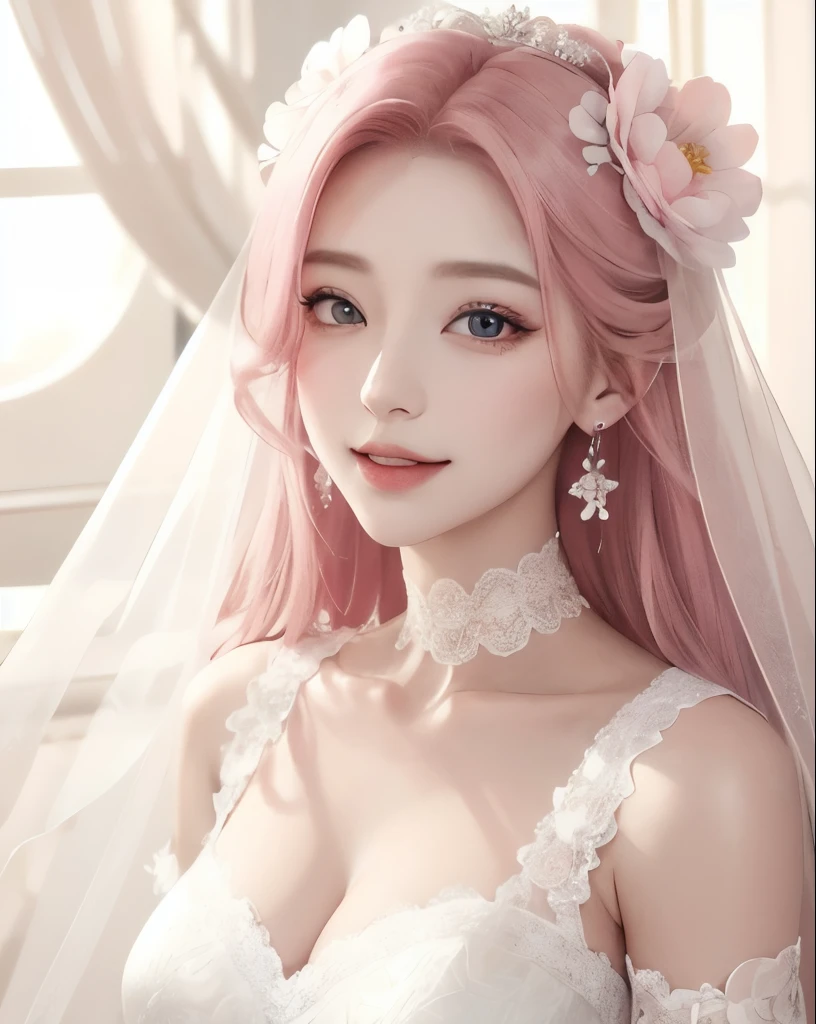 (tmasterpiece, top-quality, Ultra-detailed:1.3),1girll,(18 years old),(perfect anatomia),Cool,A pink-haired,White background,ogle,photography of,Look to the lens,Bandeau,lacepantyhose,Bride,perfectly proportions