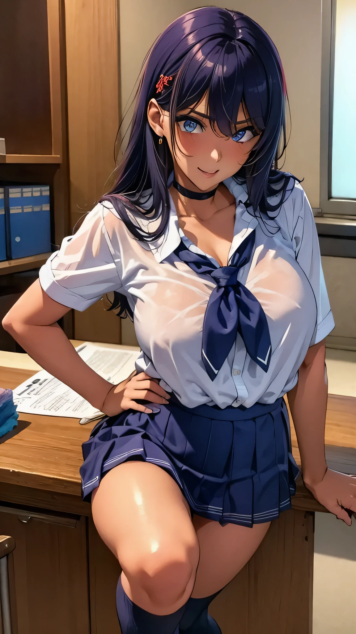 (School、classroom)、Super detailed illustrations、Super precise expression、masterpiece、highest quality、ultra High resolution、High resolution、(Sweat、body fluid)、shiny skin、(black hair、long hair、Braid、Glasses)、shirt、Standing picture、skirt、((table sex、crotch rub、masturbation))