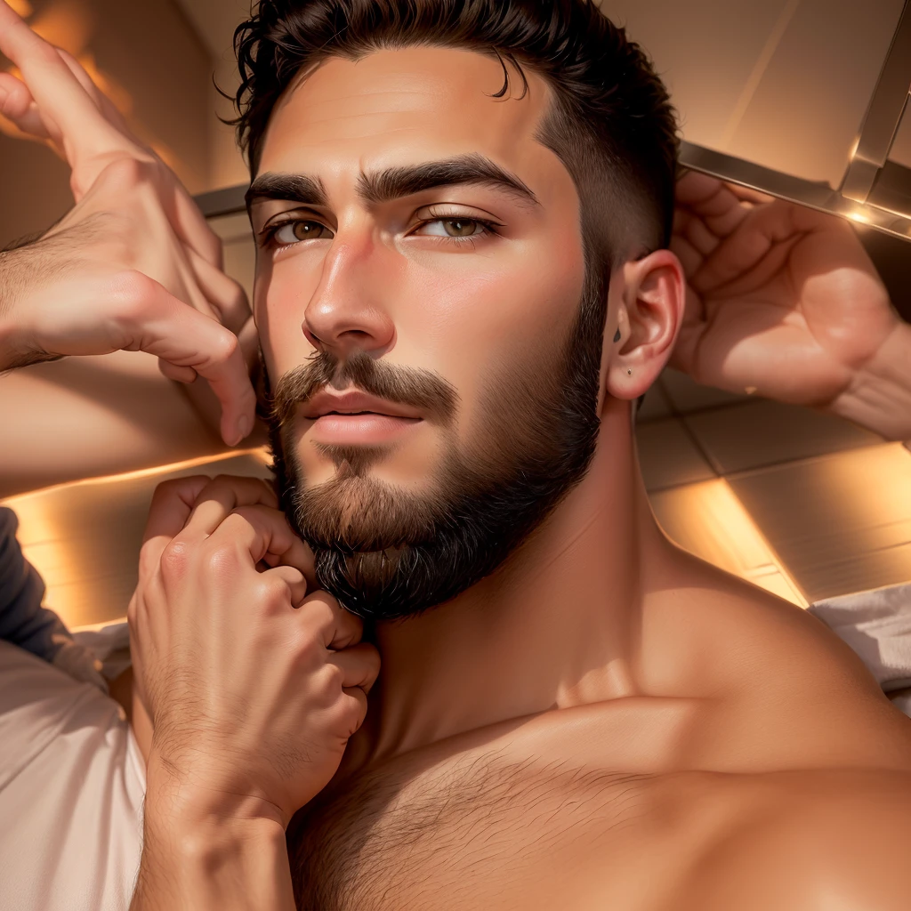Man with thick eyebrows and hairy arms