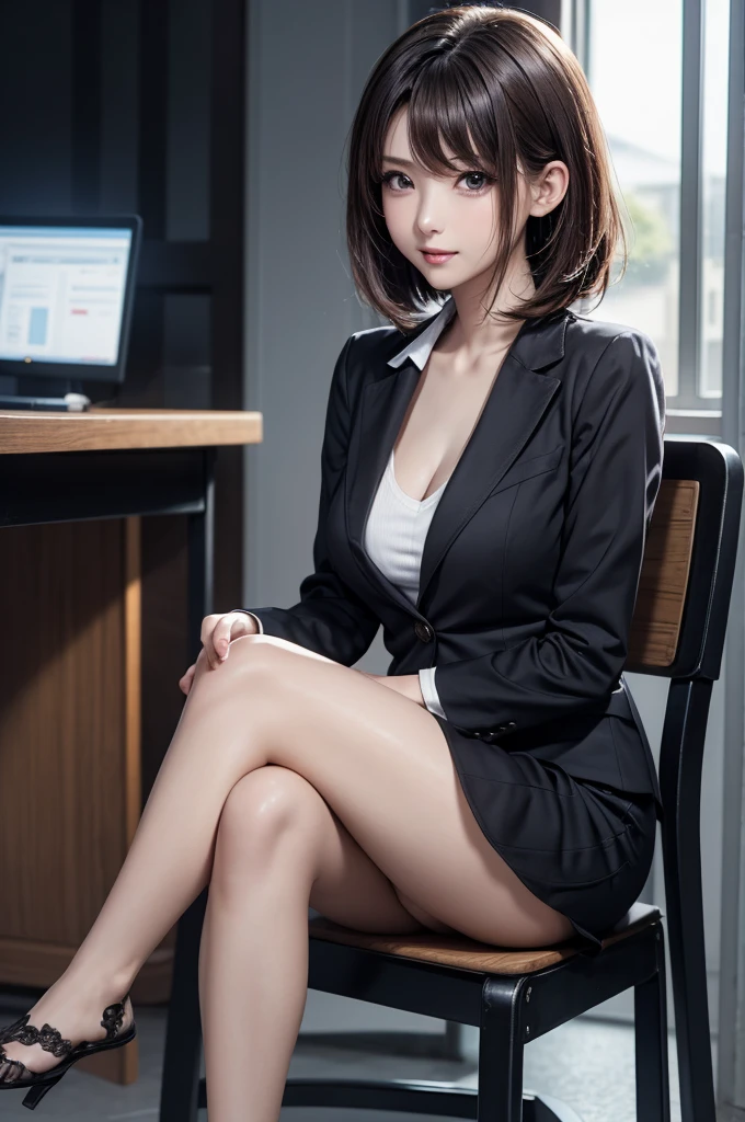 Bob Hair、A dark-haired、delicated face、Kamimei、A smile、爆乳、エロ、A sexy、OL、suits、Sitting on a chair and crossing legs、Inside the company in the background、An ultra-high picture quality、ultra-quality、Stereoscopic photography