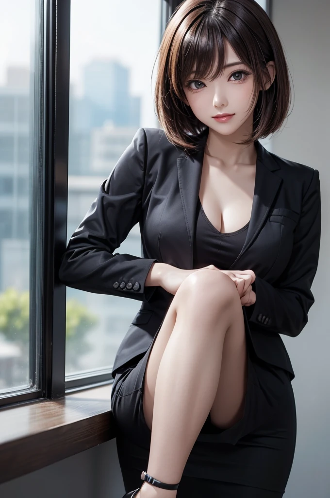 office、Beauty sitting on a chair、short hair、Beautiful legs、High heels、Brown pantyhose、Mini skirt suit