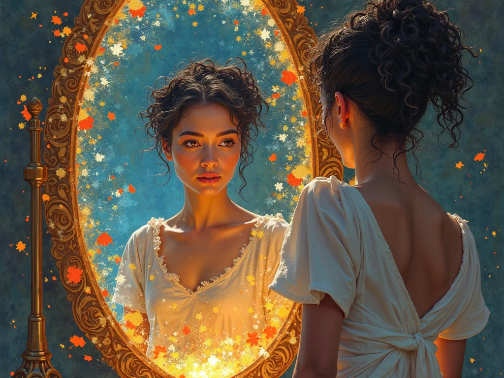 painting of a woman in a dress looking at a moon in a round mirror, style of karol bak, krenzcushart, guweiz masterpiece, style of donato giancola, karol bak uhd, jeremy mann and alphonse mucha, wlop art, art of wlop, inspired by Karol Bak, inspired in donato giancola