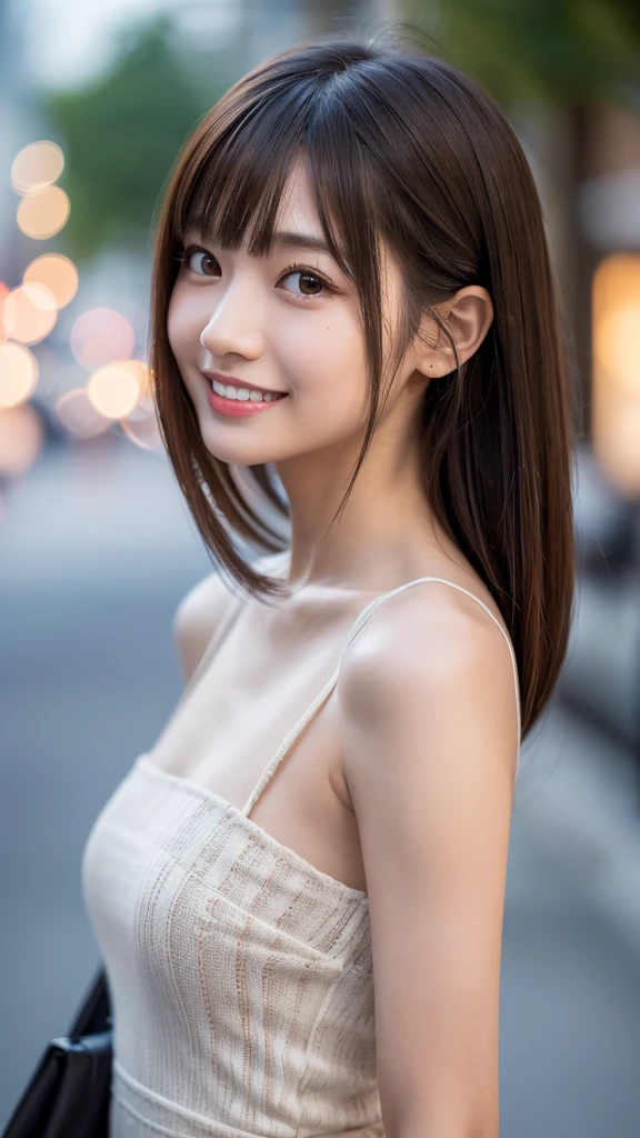 1 female,18 year old,smile:1.3,(BLACK eyes:1.3),((8K,masterpiece,Perfect Anatomy)),Cowboy Shot,(Beautiful and exquisite face and eyes,gorgeous eyes:1.3) , shoot from front,Black Hair:1.3,bangs,smile,blush,Small ,Tokyo street、((Background blur)),((カーディガン:1.2))、ウェーブヘアー ,Street Snap、Backlight:1.2