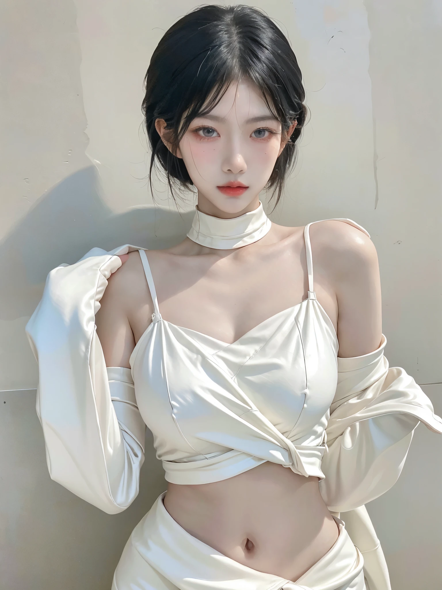 Beautiful woman with perfect figure:1.4，snow，Touching butt with both hands，snow背景，Layered Hairstyle，White skin，Prominent cleavage，Pleated Skirt，whole body，Very delicate face and skin texture，Double eyelids，Skin Whitening，Long white hair
