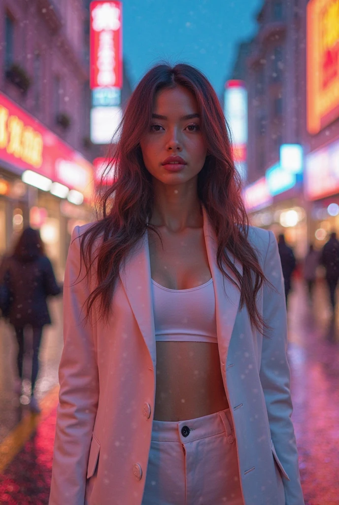 [[((young attractive Asian woman with strong facial features, a brown tanned complexion, long straight dark hair with subtle highlights, striking almond-shaped dark brown eyes, and a  frame:1.6)), ((wearing neon-colored urban streetwear, consisting of a vibrant jacket with abstract patterns, a sleek white top, and hoop earrings:1.4)), standing confidently in a bustling city street at night, illuminated by colorful neon lights. The background features a dynamic, lively atmosphere with bright, vibrant city lights and neon signs. The scene is captured with a ((full-frame DSLR:1.4)) using a ((50mm prime lens:1.4)) for a close-up, cinematic perspective. Professional lighting enhances her natural features and the glowing city lights. The image should be in ((8K resolution:1.5)) with ((hyper-realistic detail:1.6)). The focus is on the woman’s stylish urban outfit, her confident pose, and the captivating neon-lit background, creating a stunning, cinematic effect.]]