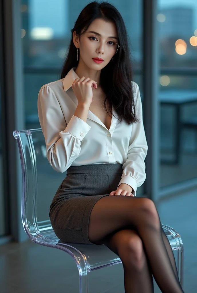 Best Picture Quality, Full Length Portrait, Cinematic Texture Shot, Exquisite Face, Beautiful Face, 20 year old Female, Smiling, Slim Figure, Small Breasts, Office Lady, Office Attire, Black Stockings, Indoor Scene, Office, Sitting, Reading