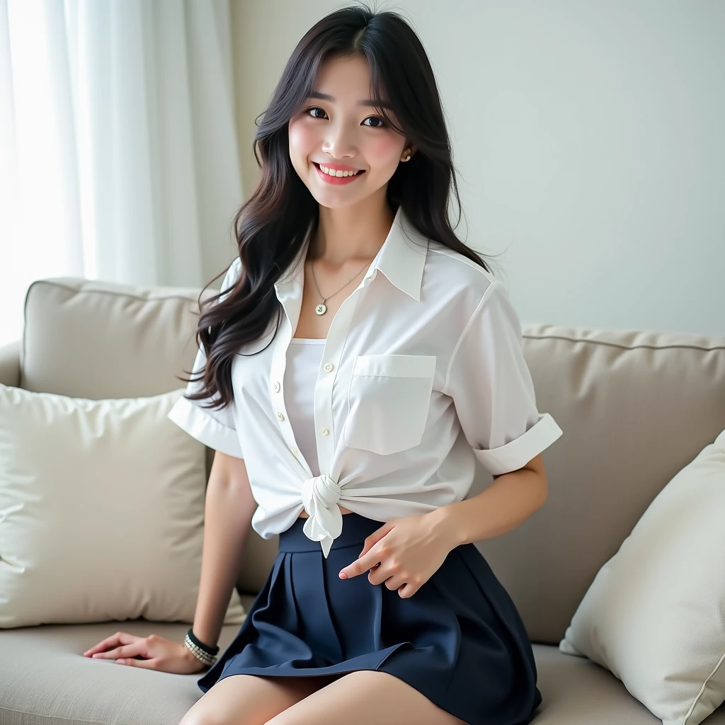 ((top quality, 8k, masterpiece: 1.3, raw photo)), Sharp Focus: 1.2, (1 aespa girl :1.2), (SOLO), (Realistic, Photorealistic: 1.37), (face focus: 1.1), cute face, ultra detailed face, small breasts, flat chest, short messy hair, (sitting, school uniform, thighs: 1.2), (sheer fabric), small smile, classroom, sunlight, movie lighting