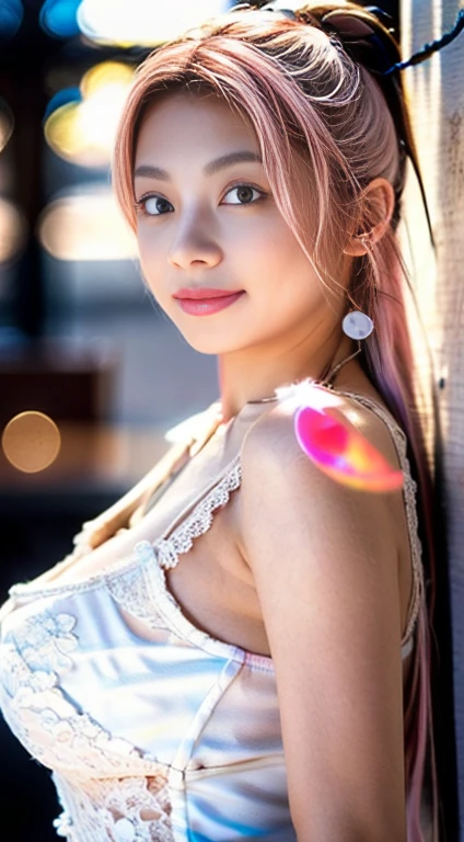 (best quality,ultra-detailed),(sexy junior idol,KAWAII face variations,absolutely beautiful details),concept art,eye-catching,back lighting,photorealistic:1.2,vivid colors,masterpiece:1.2,dynamic composition,high-definition,sharp focus,fine lines,breathtaking aesthetics,mind-blowing creativity,imaginative background,striking poses,expressive eyes,gorgeous lips,fashionable hairstyles,facial expressions,variety of outfits,unique accessories,confident attitude,sultry gazes,playful smiles,stylish makeup,artistic effects,attention to textures,perfect proportions,romantic ambience,soft and warm tones,luminous highlights and shadows, (colorful Light shines through delicate stained glass), short Bob, Gigantic Cleavage