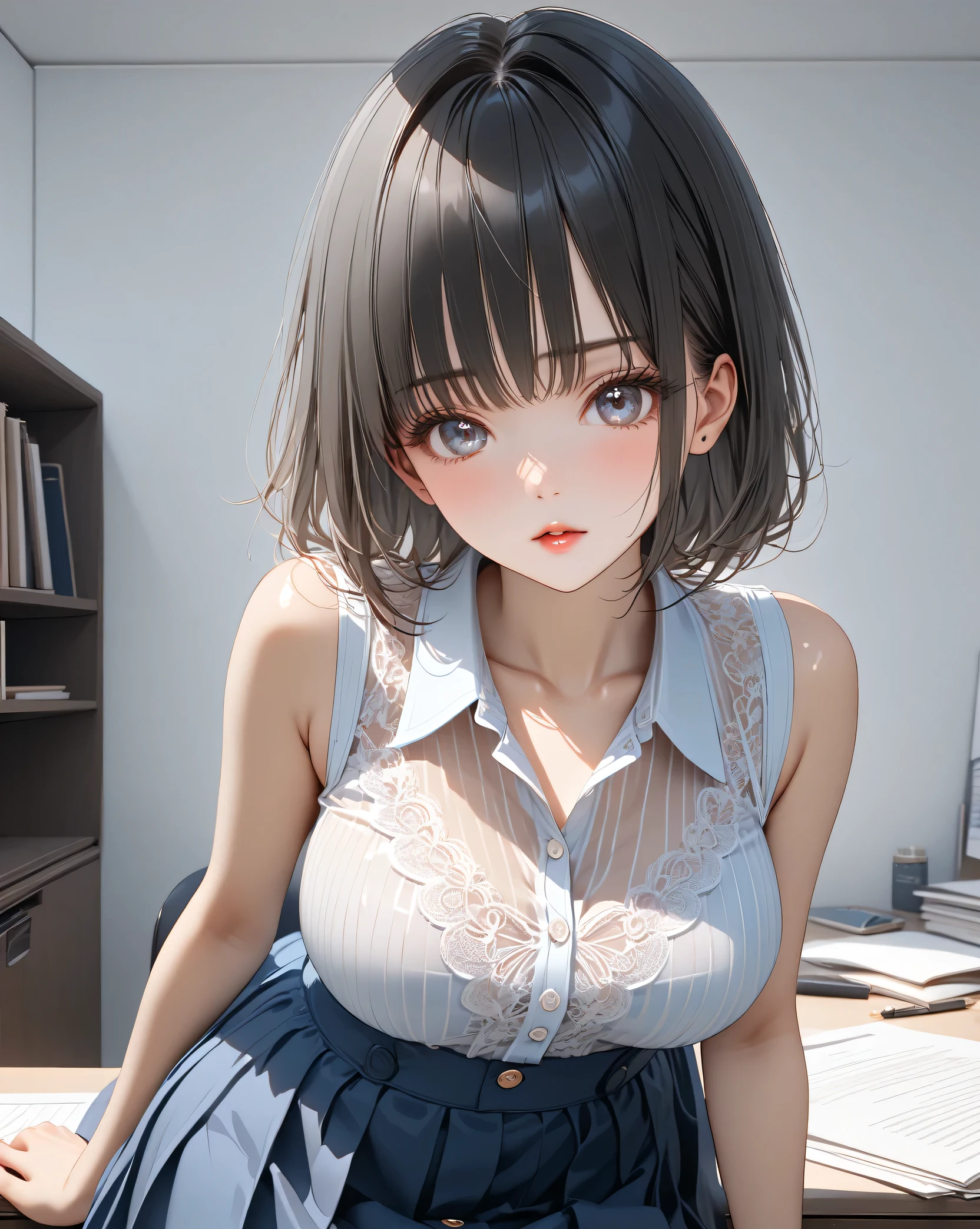 8K quality、High definition eyes、Brown and purple short hair、Brown eyes、secretary、Ring piercing of the earlobe、Bright sunshine、Office at dusk、Sweat、Suits that hang down to the chest、Short skirt、Beautiful legs、Beautiful thighs、Shot from above、Dignified face、Young small breasts、Seduce your boss