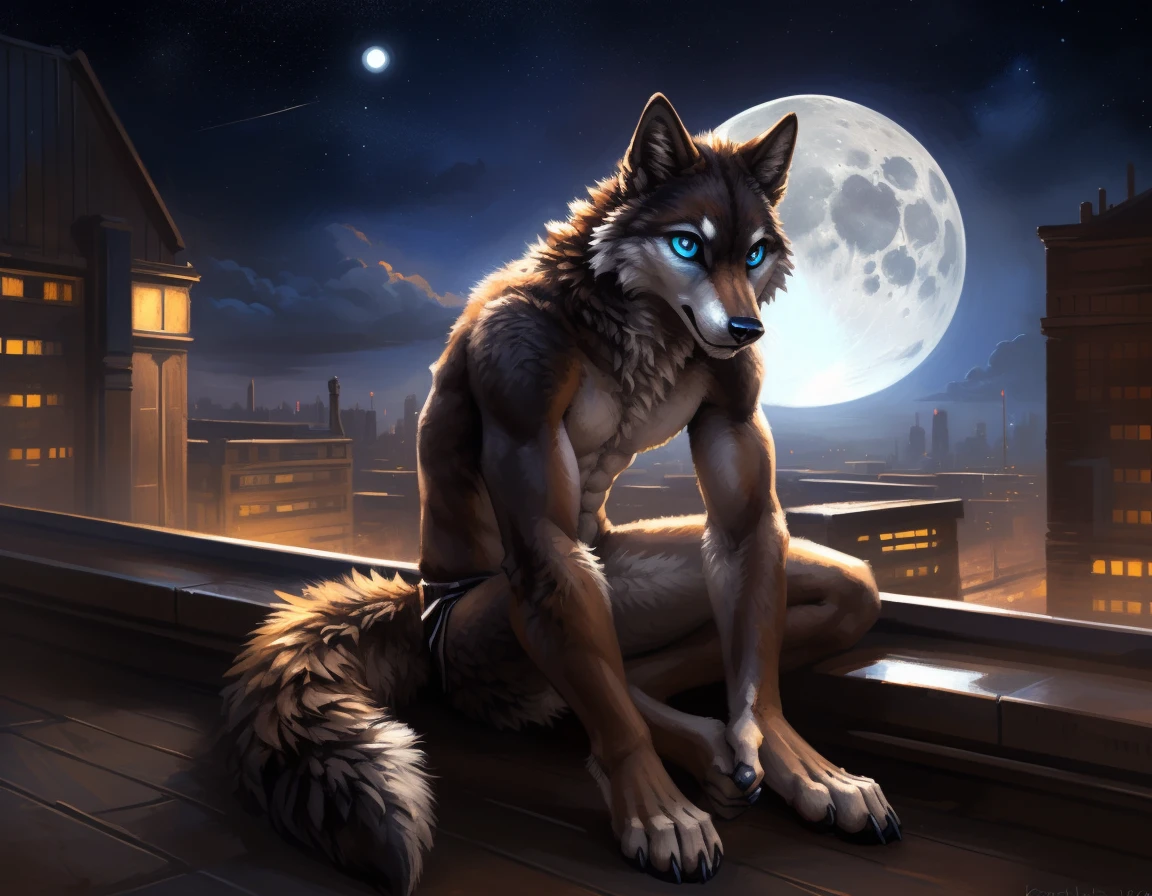 ((Solo)), male people, anthro wolf, (Multi-colored fur, White-brown:1.3), ((Wolf face, Big eyes, White eyelids, Blue pupil, Slim:1.2) (Tough, Calm expression:1.2)), (Height 2.1 meters,Tail length 1.5m), Abs, Slim, pinging, (Correct anatomy), (Contour bone:1.2), The upper body is naked, (detailed outfits), a long large tail,Feet,(Realistic fur, Detailed fur texture, labeled:1.3)), (Natural lighting), Photorealistic, Hyperrealistic, ultradetailed, by Kenket,In the modern city,Roof,the night,Sit alone,Look at the full moon,It was dark,Starry