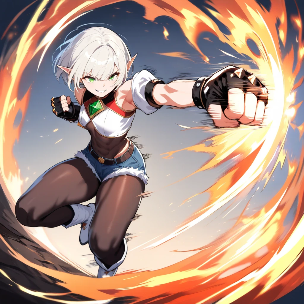 a girl, Saiyan, spiky white hair, green eyes, defined muscles, thin waist, wide hips, dark skin, medium breasts, tight clothes, white t-shirt, black pants, battling (the character is on a battlefield and would use a technique from ki chamda galick ho, from the dragon ball universe, making an energy cannon with his ki and releasing it at the opponent)