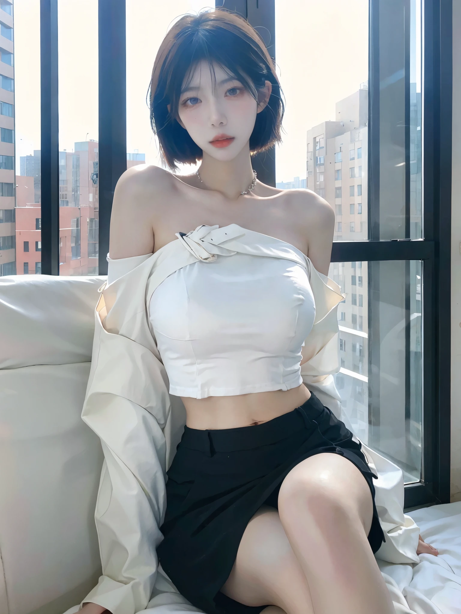 Beautiful woman with perfect figure:1.4，Ultra-high resolution，White background，（lifelike：1.4），Layered Hairstyle，White skin，Bikini:1.5，Super short pleated skirt，whole body，Very delicate face and skin texture，Double eyelids，Skin Whitening，short hair，White hair