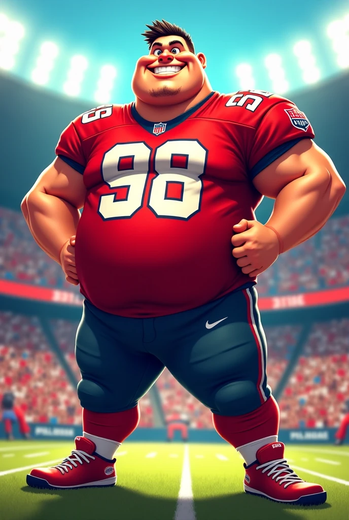 An anthropomorphic oversized muscular polar bear on two legs, wearing sports clothes and a red cap that covers his eyes