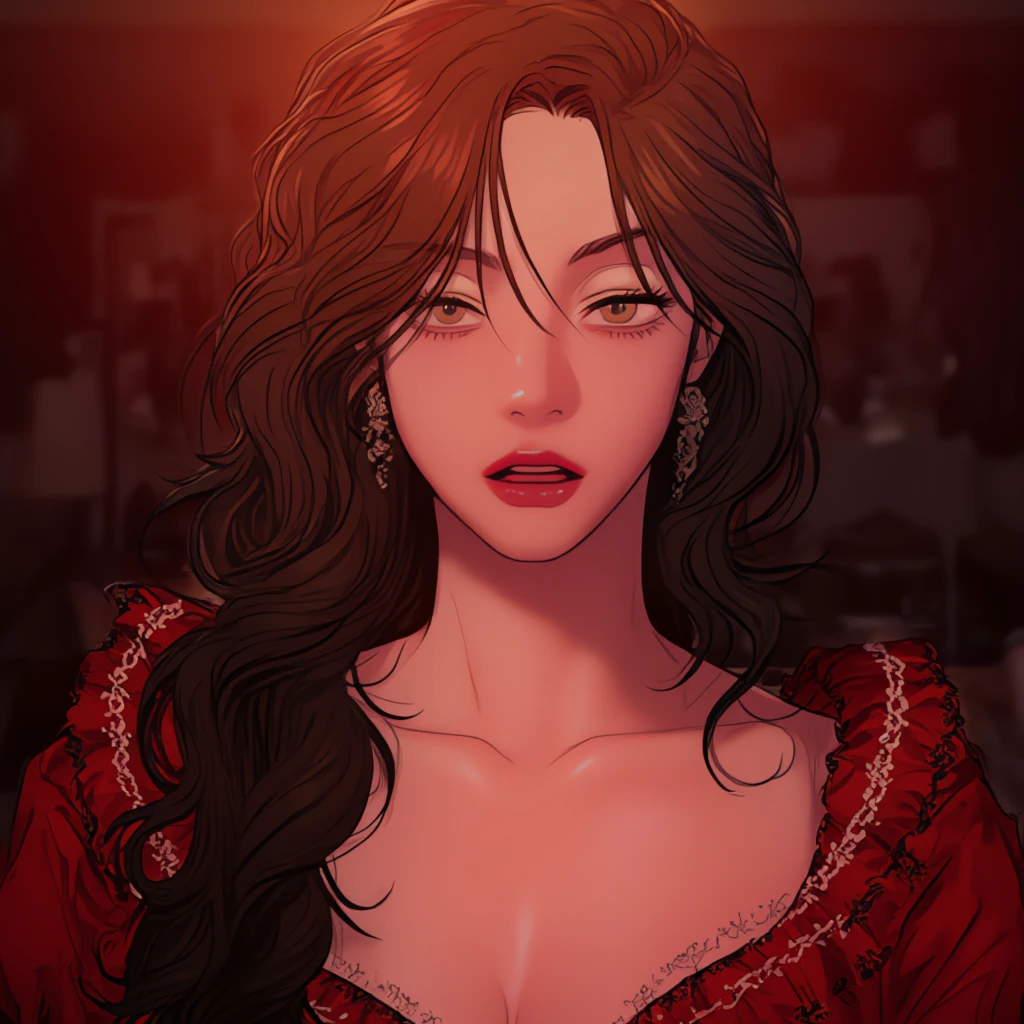 One woman sitting on chair,red lipstick,face makeup,mole under right eye, chandelier earrings , sequin dress,huge breasts