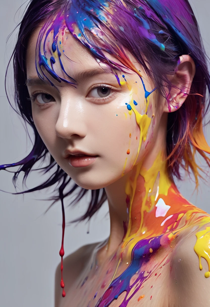(level difference:1.8),(Paint colliding and splashing on the canvas),(depth of field),1girl's side face blends into it,(side face),open mouth,(liquid paint rainbow hair:1.1) made of paint and defies gravity,thick flowing,(paint splatter:1.3),Liquid state,stunningly beautiful, masterpiece, detailed background,ultra high quality model, ethereal background,abstract beauty, explosive volumetric, oil painting,heavy strokes,Romantic lighting,Sub-Surface Scatterring,lens 135mm,f1.8,glow,8k,high resolution, dreamy,ray tracing,hdr,god rays,