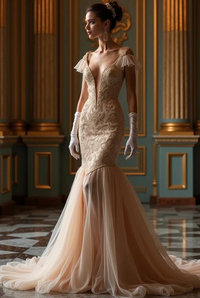 (a sexy woman),(elegant evening gowns),(The shape of the chest is perfect),(floating long dress),(Detailed embroidery and beading),(Perceptual curves),(tempting pose),(soft light),(shining),(Charming atmosphere),(bright colors),(Highly realistic),(fine art photography),(charming beauty),(subtle makeup),(flawless complexion),(Incredible attention to detail),(thin waist),(graceful movements),(Dazzling jewelry),(Sparkling diamonds),(luxurious fabrics),(impressive silhouette),(exquisite craftsmanship),(feminine charm),(Noble and elegant),(Sophistication and charm),(eternal beauty),(ethereal atmosphere),(mesmerizing charm),(a fascinating existence),(Delicate lace),(dramatic train),(complex folds and pleats),(Impeccable style),(Elegant backless design),(Confident and calm),(Romantic atmosphere),(Cinema lighting)