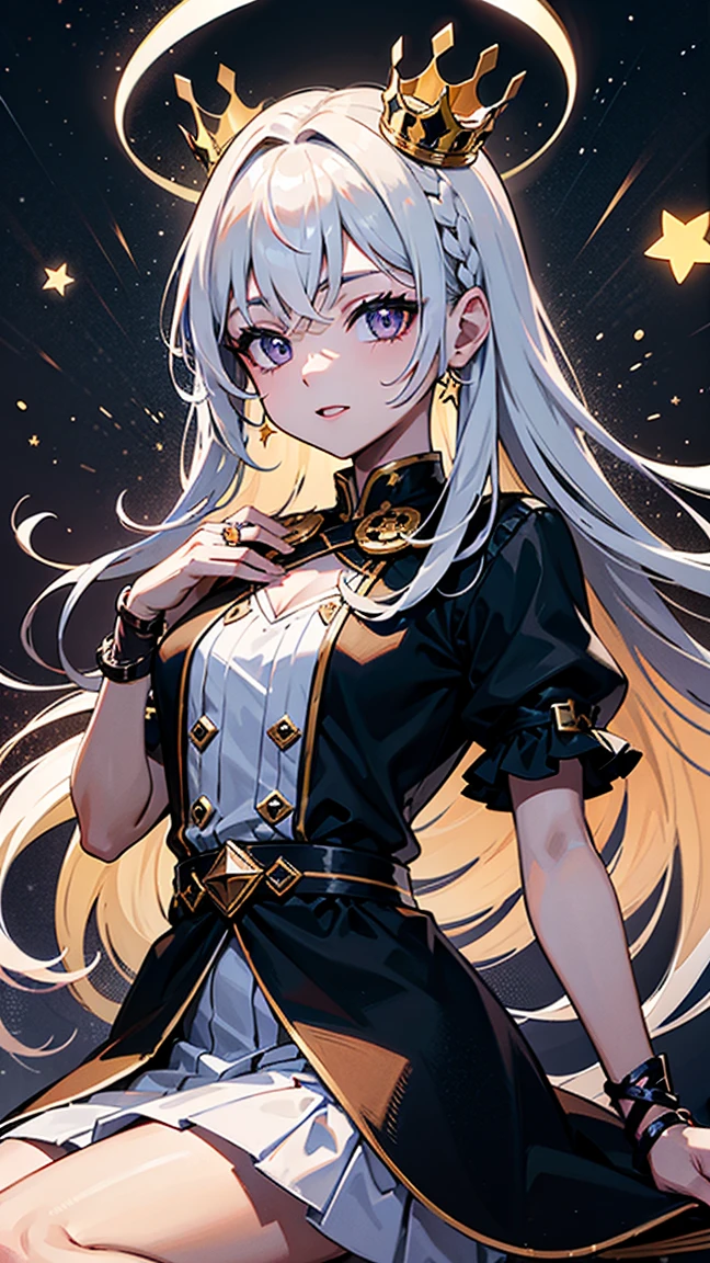 1woman, solo, dark sky background, white purple yellow clothing, lens flare abuse, semi-realistic portrait, flying, white long hair, hair between eyes, exposed hips body suit, shorts, looking at viewer, glowing yellow eyes, ((smirk)), fur coat, pirate, ((evil smile)), narrow eyes