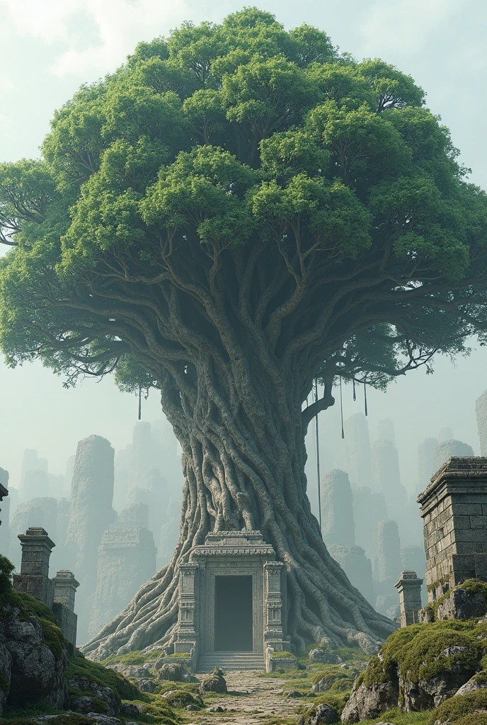 In a dark enclosed room without light，In the middle is placed a large green tree，Outside the big tree，Ten very low stainless steel columns are placed along the circle，Above the column is a transparent square box made of transparent acrylic，It stores seeds of different types of medicinal herbs，A lot of trunks hang down from the tree
