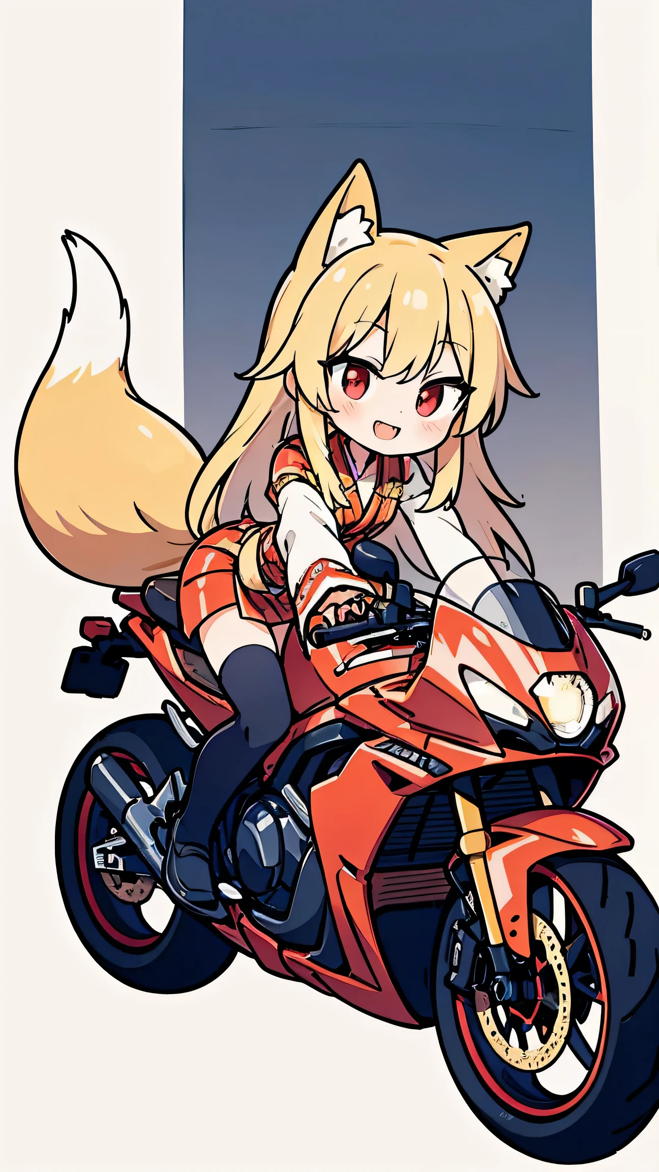 anime style、 cute face、 woman、 fox ears、gold hair、tail、 red eyes、 long hair、 shrine maiden costume、smile、simple background、 double teeth、riding a motorcycle
