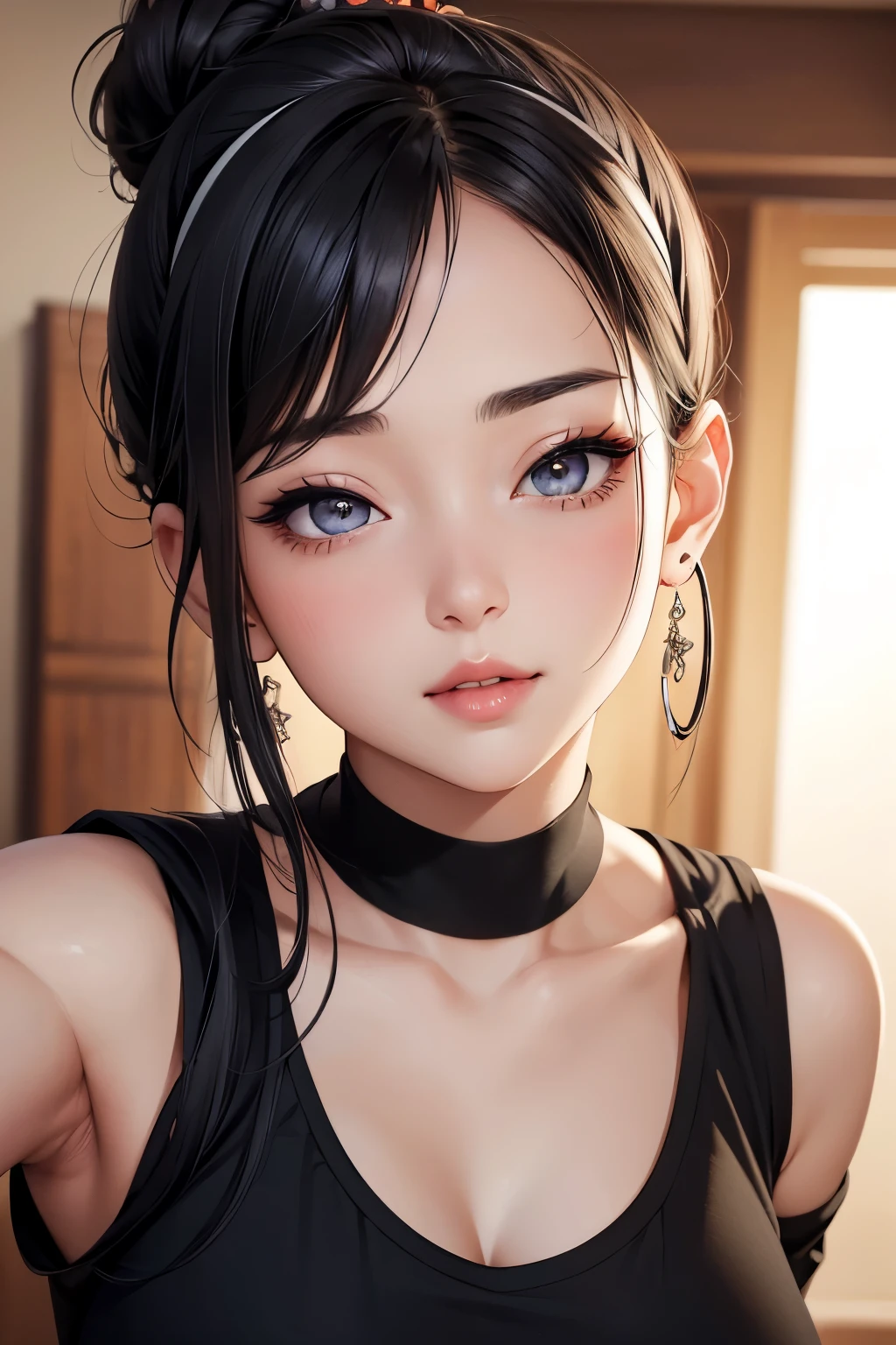 Amazing portrait of a sexy woman with a beautiful face emphasized by amazing makeup and beautifully detailed eyes with perfect lips wearing her short black hair in a bob with a white hairband blushing intensely as she's flustered and lustful wearing some elegant earrings and a black sleeveless sweater accentuating her medium chest paired with a cream skirt that accentuates her thick curvy body making her look hot with vibrant colors and soft lighting