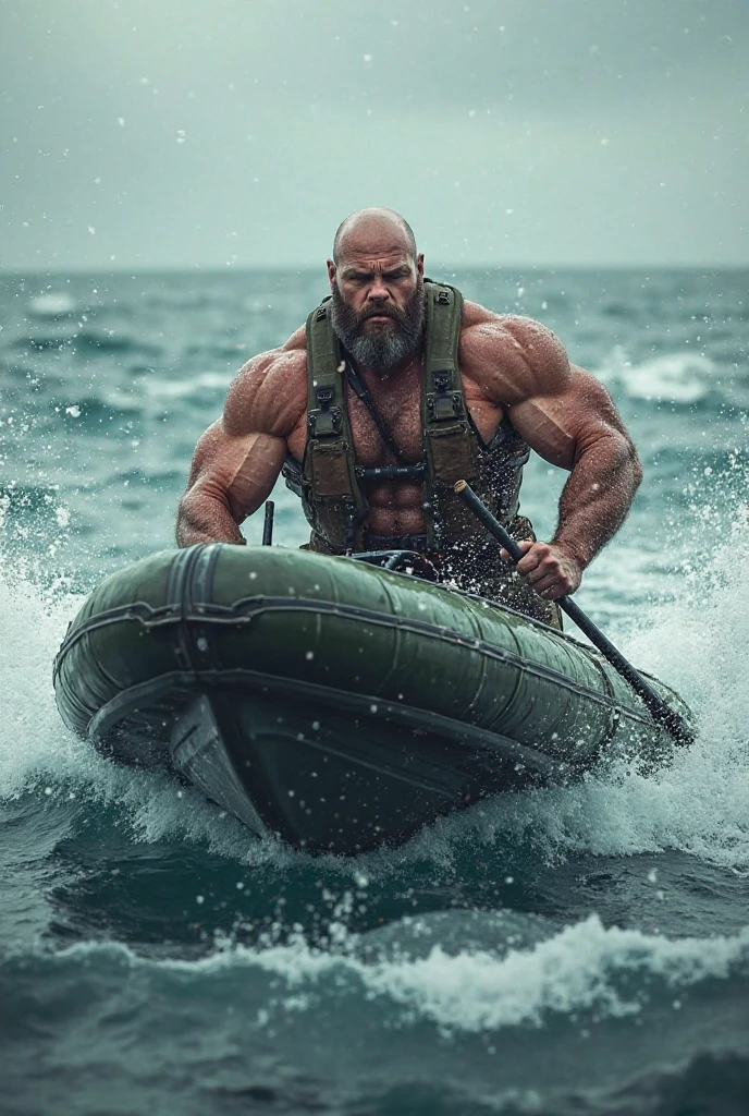 (Detailed description) (best quality) American man, American soldier, bodybuilder physique, bodybuilder veins, big beard, white shark animal, short hair, animal shark involved, going to war