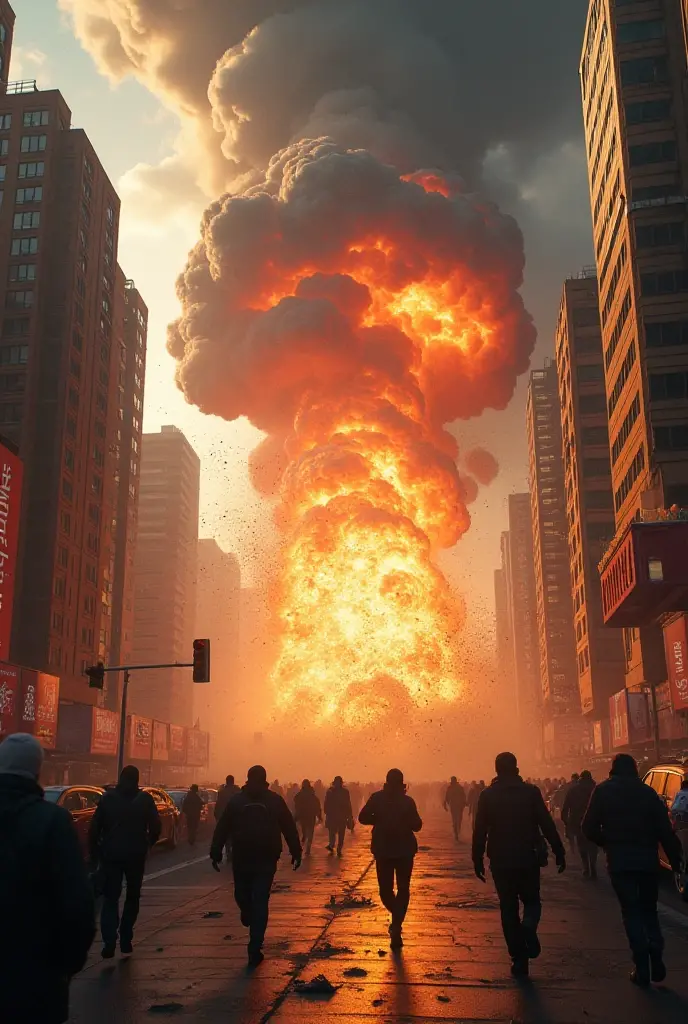 best quality, (wide shot), CGSsociety, 8K, ultra-realistic, masterpiece, nuclear explosion in a Large city ruined buildings, fire, debris