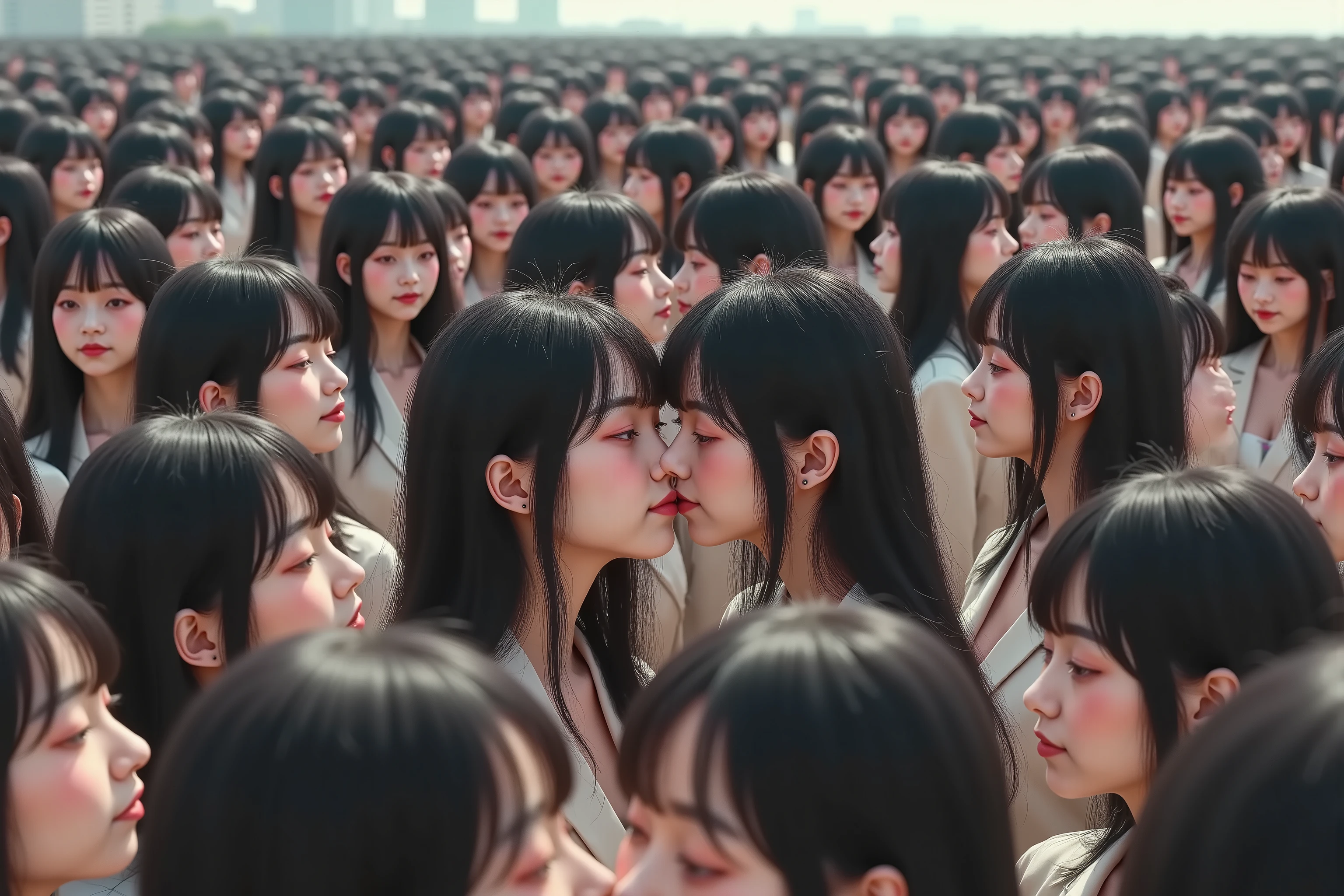 (((Myself = Japanese Beautiful Super Clone multiply girls))), (Super Best masterpiece, Raw Photography Art, 16k, best image quality, Ultra High Resolution), (((((is a depiction of the world filling the world with a huge crowd of Myself Only's Cloning Girls, which is so unreal, unfathomable, and overwhelming, Super overly overly large, Super dense, many of us are clones of girls doting on each other and hugging and kissing, Super Intense Lesbian Love Relationship, I'm going to massage my boobs))))), ((Xiaoyan, Thick black hair, semi-long hair, Idol-like look, very cute smile, yo)), (((Japanese high school uniform for girls, Short mini skirt))), (( very detailed, beautiful and accurate super busty girl , Amazing emphasis on cleavage )), ( Details that can be clearly seen from afar , Very detailed and accurate1Point perspective drawing, Ultra-wide field of view, Super wide top view, No need for a center subject)
