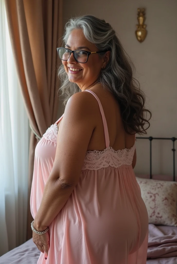 Mature old woman 80 years with brown hair, plus size, old face and body with many wrinkles, loose skin, standing at bedroom posing for photo, She wearing white dress with purple pattern and large neckline and lace stockings,curly ponytail, side view. jaw dropping mature older beauty, old face and body with wrinkles, old face, full visible legs, smiling, attractive grandma, a gorgeous old hair, beautiful old grandma, lovely older mature grandma, gorgeous beautiful grandma over 80 years old, beautiful brown hair grandma, beautiful detailed body and face, a beautiful old granny
